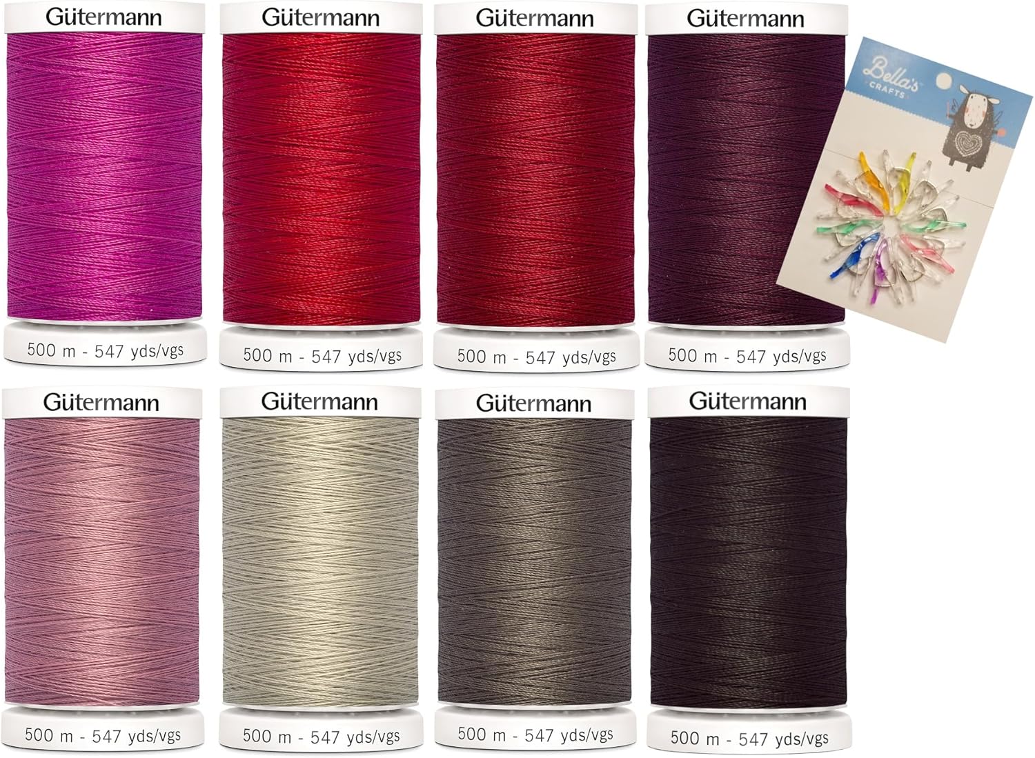 Gutermann Sew-All Thread 547 yd, 8 Pack Bundle with Bella's Crafts Mini Sewing Clips (Red Brown Mix)