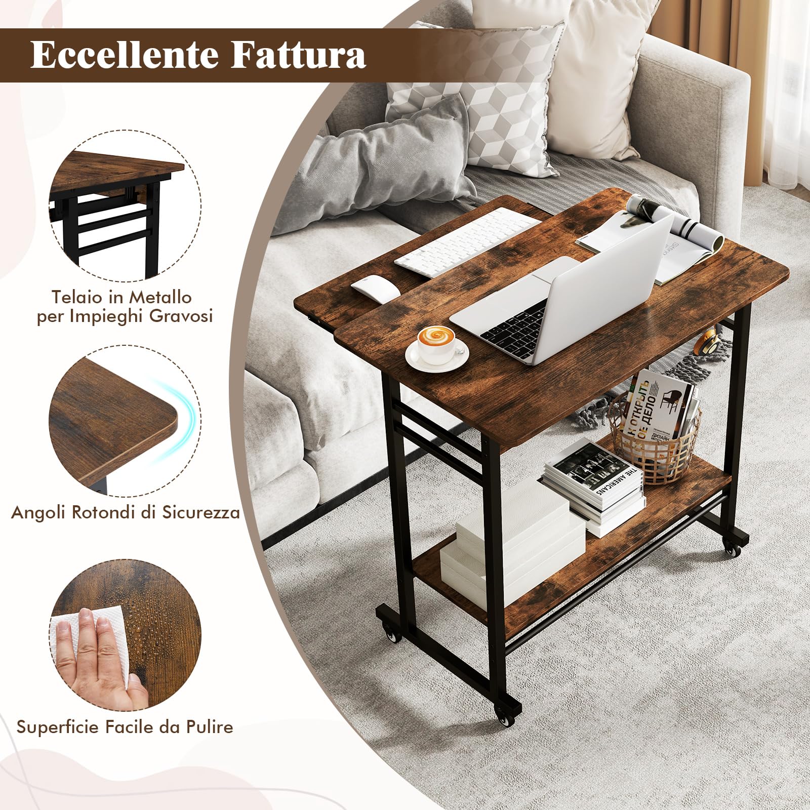 COSTWAY Scrivania con Ruote, Vassoio per Tastiera, Supporto per CPU e Ganci, Scrivania Moderna in Legno e Metallo per Salotto e Camera da Letto, 80 x 50 x 78 cm (Marrone)