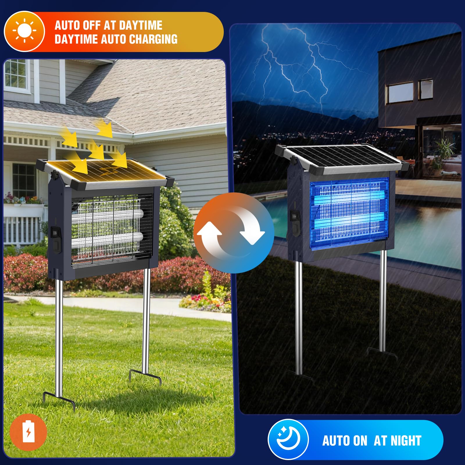 Solar Bug Zapper Outdoor, 4500V Wiederaufladbarer Wasserdichter Mückenvernichter mit Solarpanel Sensor, Elektrische Fliegenfalle, 3.0 m Kabel, Kabelloser Insektenvernichter für Terrasse Hof