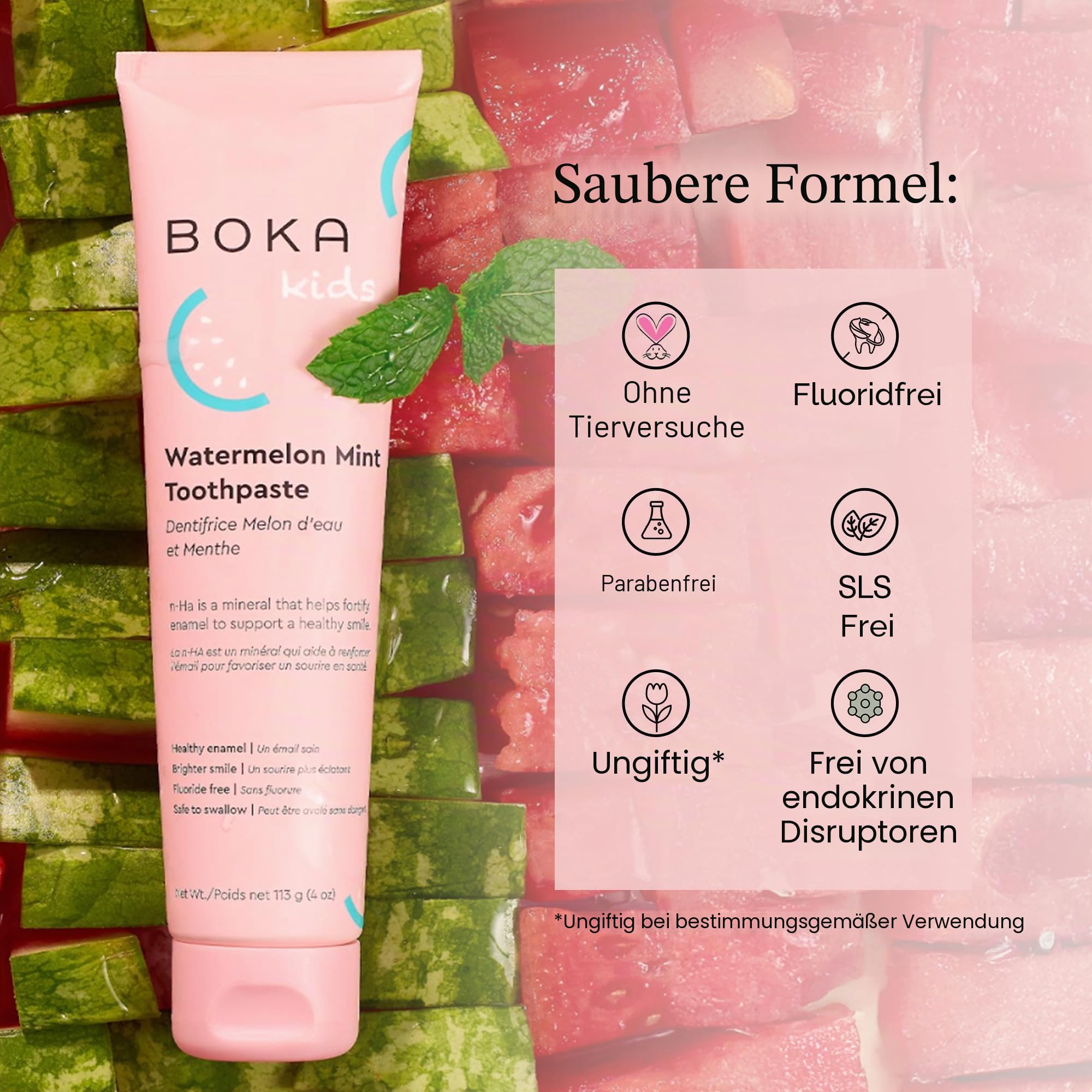 Boka Fluoridfreie Nano-Hydroxyapa-Zahnpasta, Trainingszahnpasta, geeignet für empfindliche Zähne, ohne Sulfat und Parabene, natürliche Aromen und vegan, Wassermelonen-Minze (113 g), 1 Stück