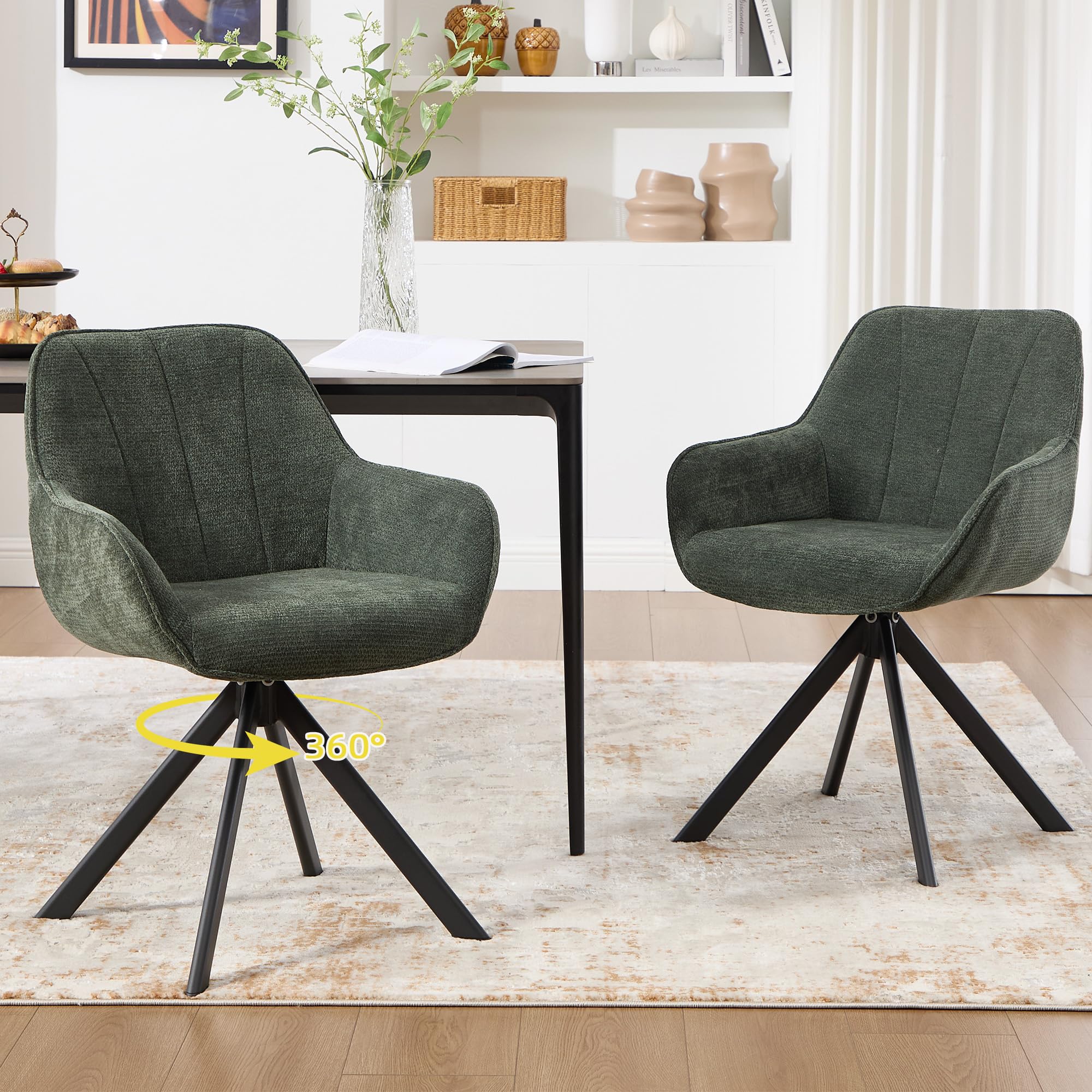 EBELLO 360°Swivel Dining Chairs Set of 2, Velvet Chairs for Dining Room with Armrests,Kitchen Chair with Anti-Slip Pads, armchairs for living Room,Green.
