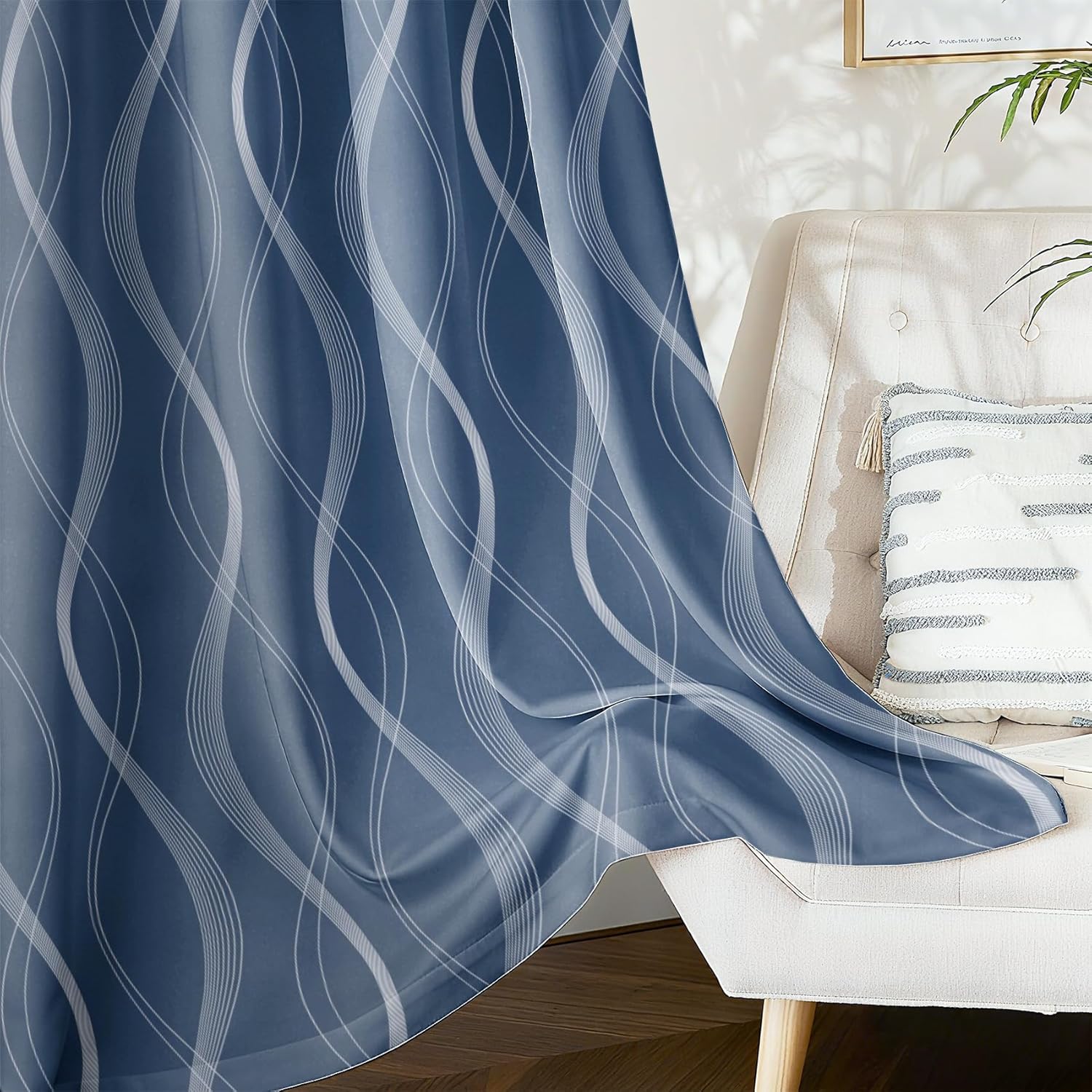 AWERT Wave Lines Blue Blackout Curtains 63 Inches Long 2 Panels Modern Minimalist Window Drapes Room Darkening Thermal Insulated for Bedroom Living Room Each Size 42x63 Inches