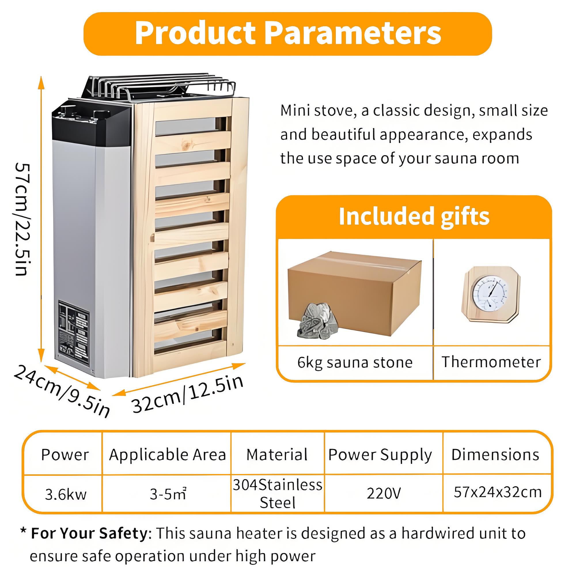 Riscaldatore Elettrico per Sauna da 3 kW/3,6 kW con Controllo del Vapore Integrato, Temperatura Regolabile e Timer di 3 Ore, Ideale per saune domestiche Fino a 160 Piedi cubi (3.6kw)