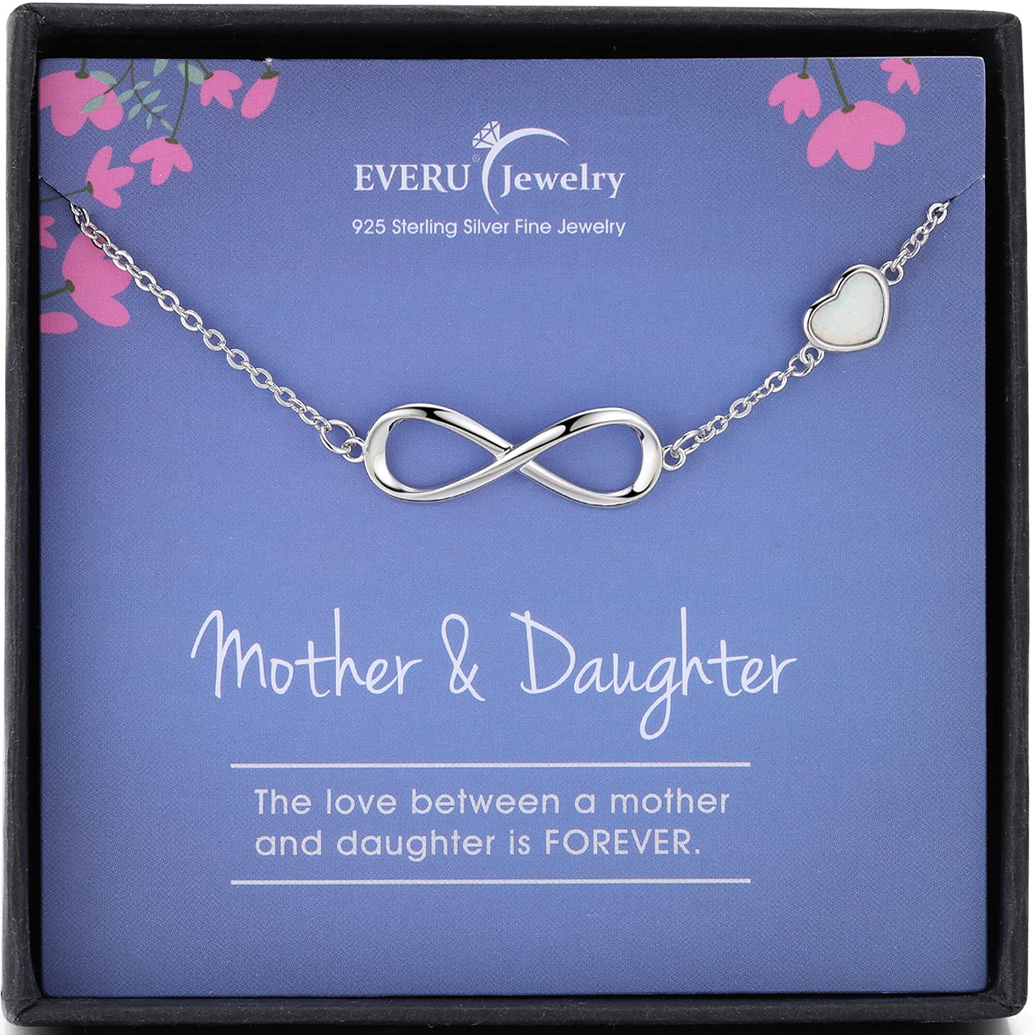 Mother Daughter Bracelet, 925 Sterling Silver Infinity Heart Symbol Charm Bracelet with Heart Created Opal, Mothers Day Jewelry Birthday Gift