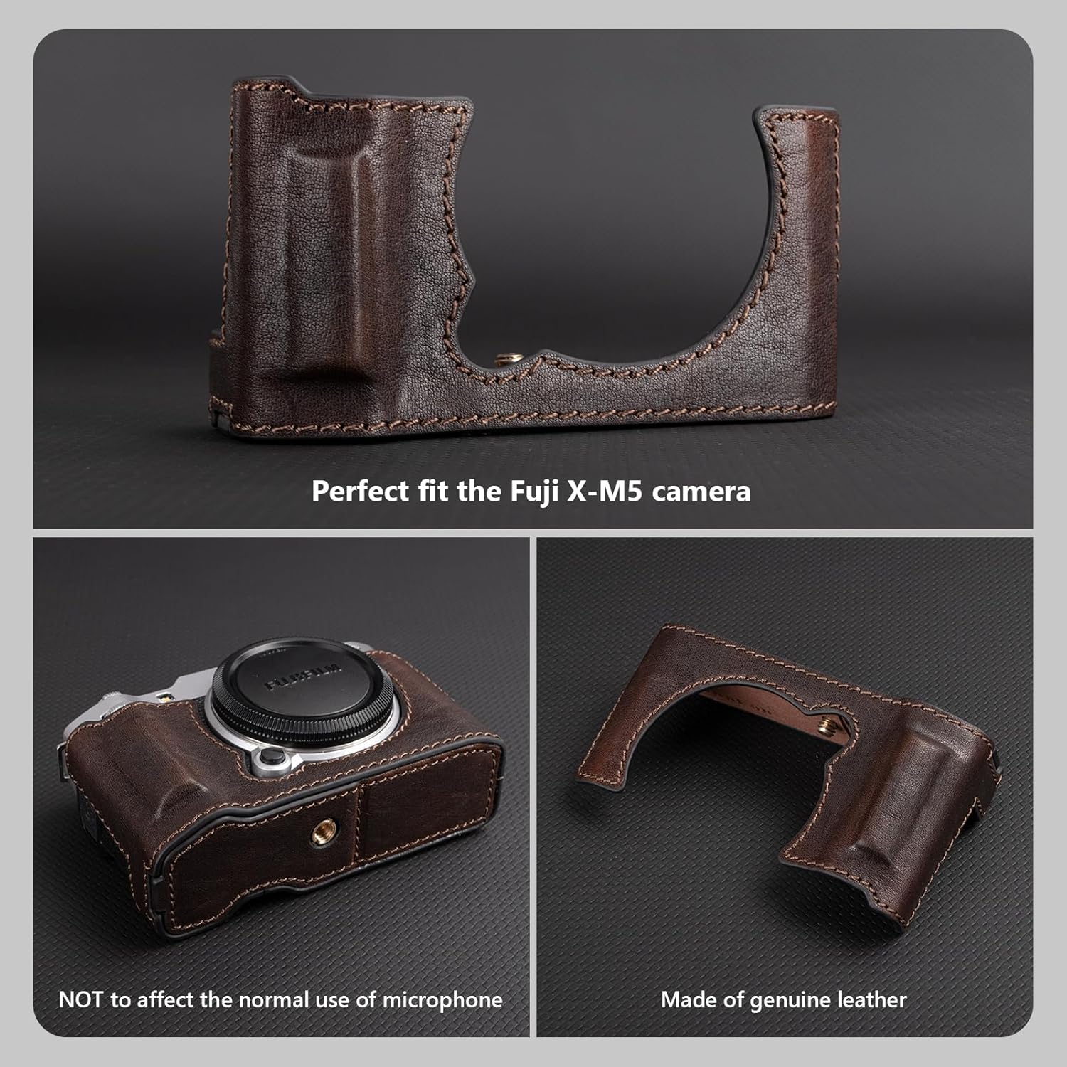 MUZIRI KINOKOO Case Compatible for Fujifilm X-M5 Fuji XM5 Camera, Retro Style Genuine Leather Fuji X-M5/XM5 Half Case Protective Cover - with Opening Bottom and Hand Grip Design - Coffee