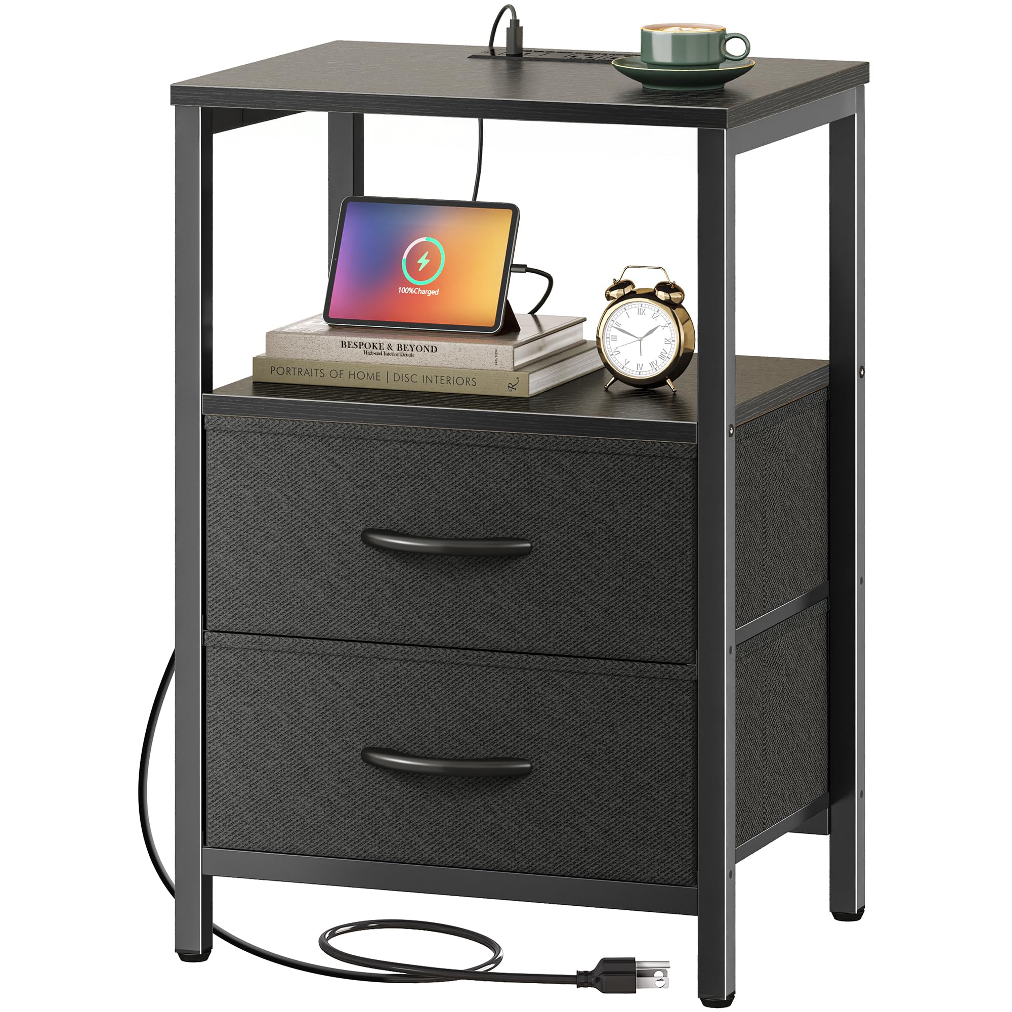 Huuger Nightstand with Charging Station, Side Table with 2 Fabric Drawers, End Table with Open Shelf, Bedside Table with USB-C Port and Outlets, Night Stand for Bedroom, Black