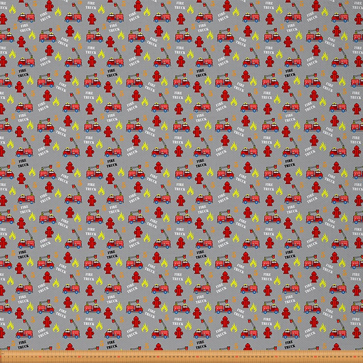 Fire Truck Fabric by The Yard Cartoon Fire Engine Upholstery Fabric for Chairs Firefighter Emergency Vehicles Decorative Waterproof Outdoor Fabric 10 Yards,(L920*W150cm) Red Gray