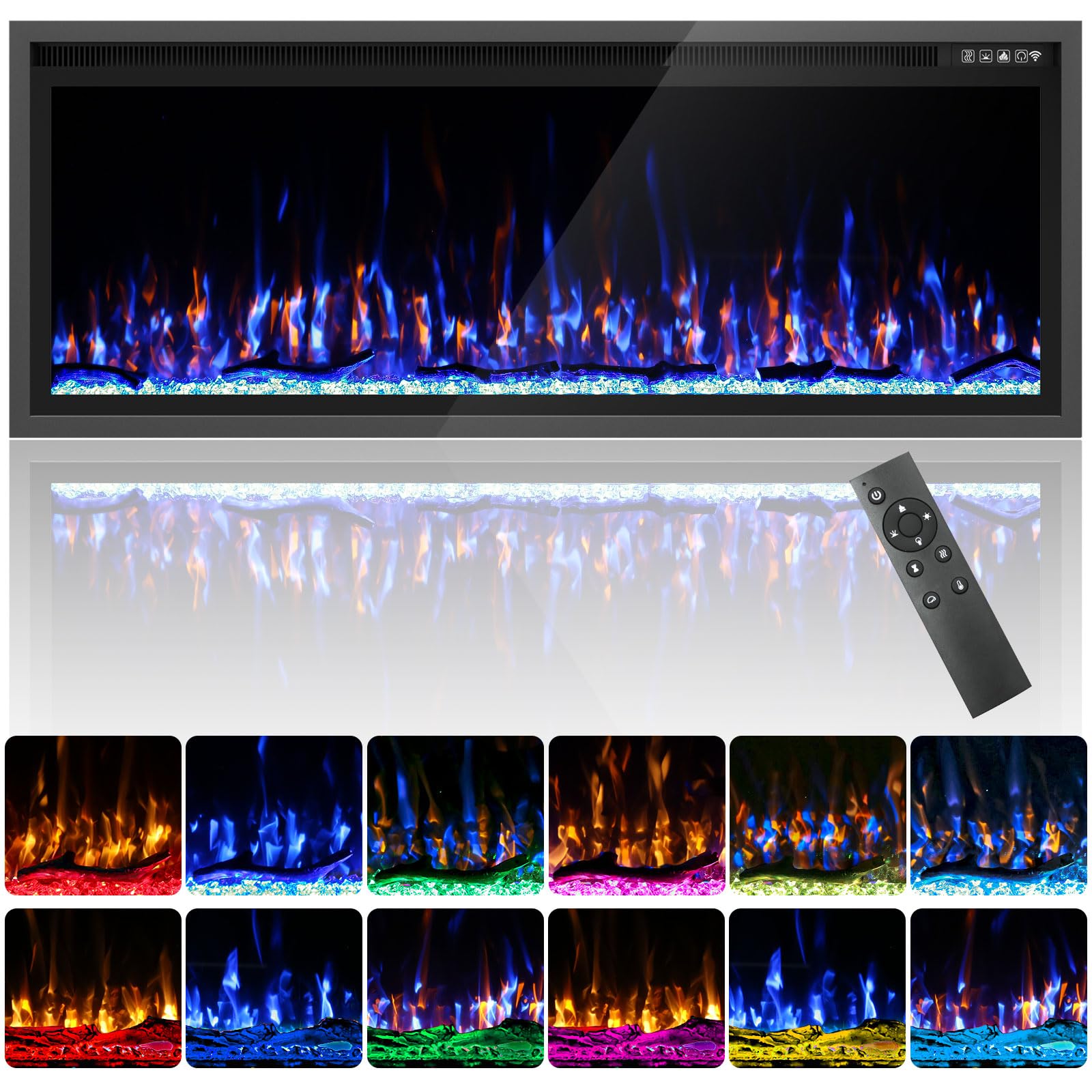 Kucreiheat Electric Fireplace–50'' Luxury Fireplace Wall Mounted &amp; Recessed, Ultra-Slim with Log &amp; Crystal, Remote Control, Thermostat, Timer, 750W/1500W Heater