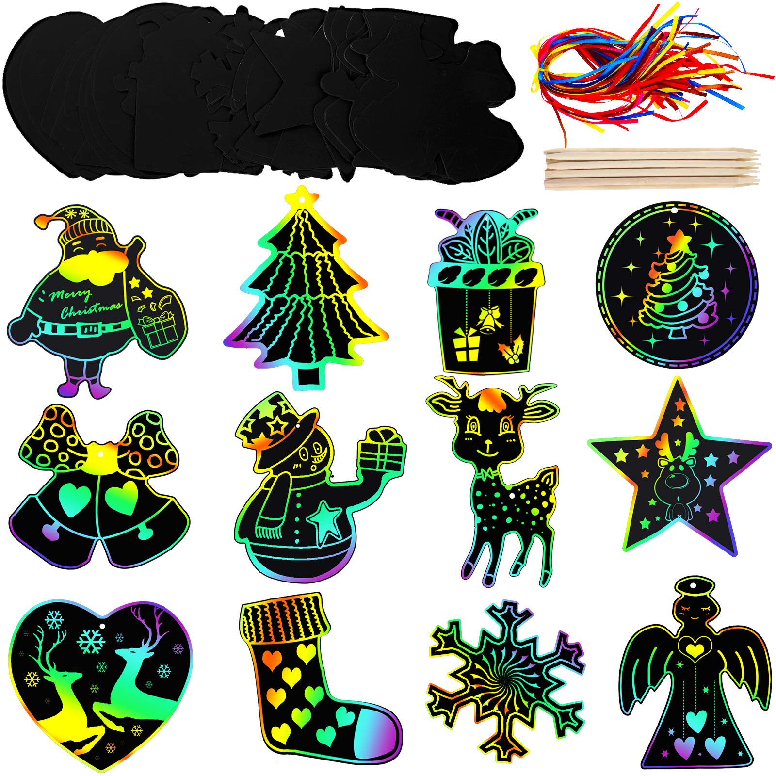 Mudder72 Pieces Christmas Scratch Paper Christmas Scratch Craft Kit with Snowman Christmas Tree Design, 72 Pieces Ribbons and 12 Pieces Wooden Styluses for Xmas Crafts Art Decorations