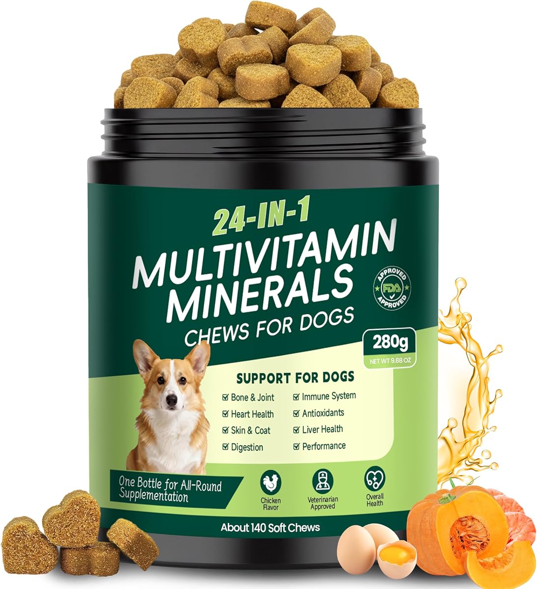 Vitaminas y suplementos para perros 24 en 1, multivitamina masticable para todos los perros | Condroitina Probióticos Omega-3 Glucosamina para la Piel Capa Cadera Articulación Corazón Intestinal Hígado Cerebro Ojo Salud Inmunitaria, 140 Masticables Pollo