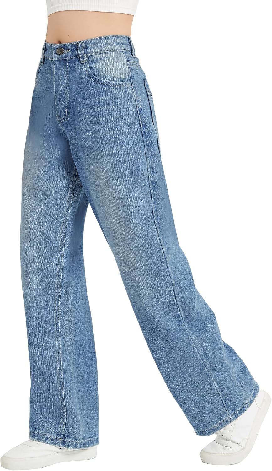 EXARUS Girls Jeans Baggy Wide Leg Cute Teen Denim Pants Junior Mid Rise Elastic Band with Pockets Casual Clothes - Image 4