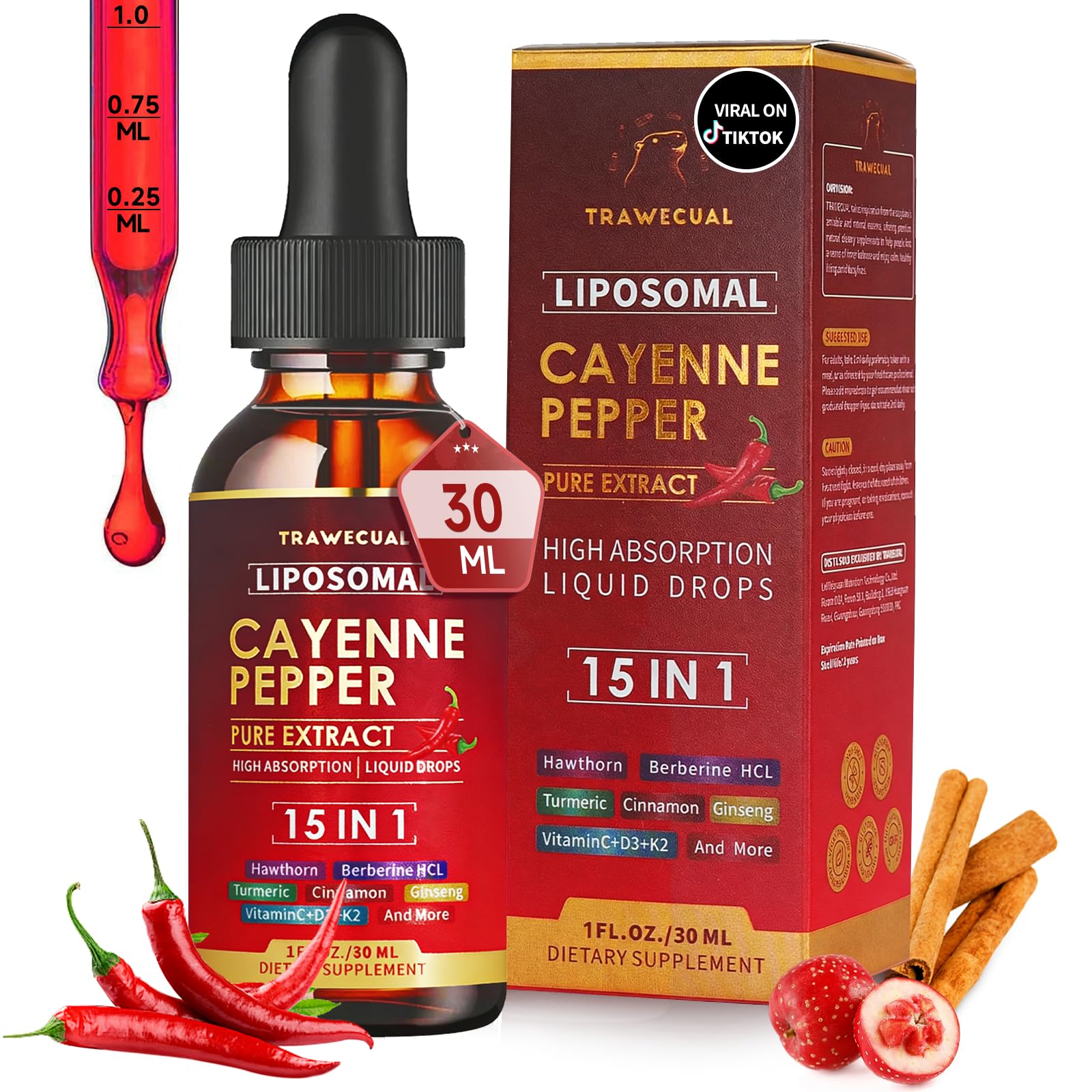15-in-1 Liposomal Cayenne Pepper Liquid Drops Supplement, 30ml, 1 Fl Oz 1 Fl Oz (Pack of 1)