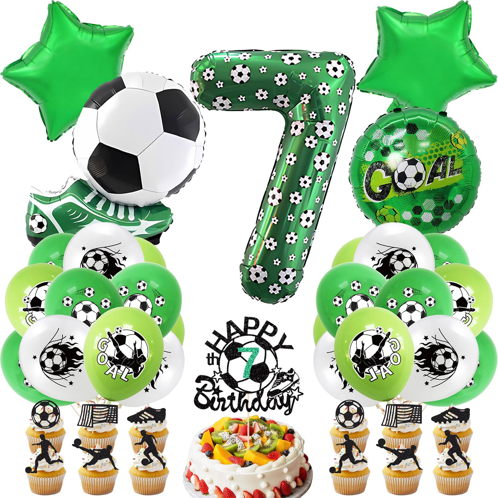 Fußball Geburtstagsdeko Set – 7. Geburtstag – Grüne Helium-Luftballons, Zahl 7, Pokal, Girlande & Cake Topper – Komplettset