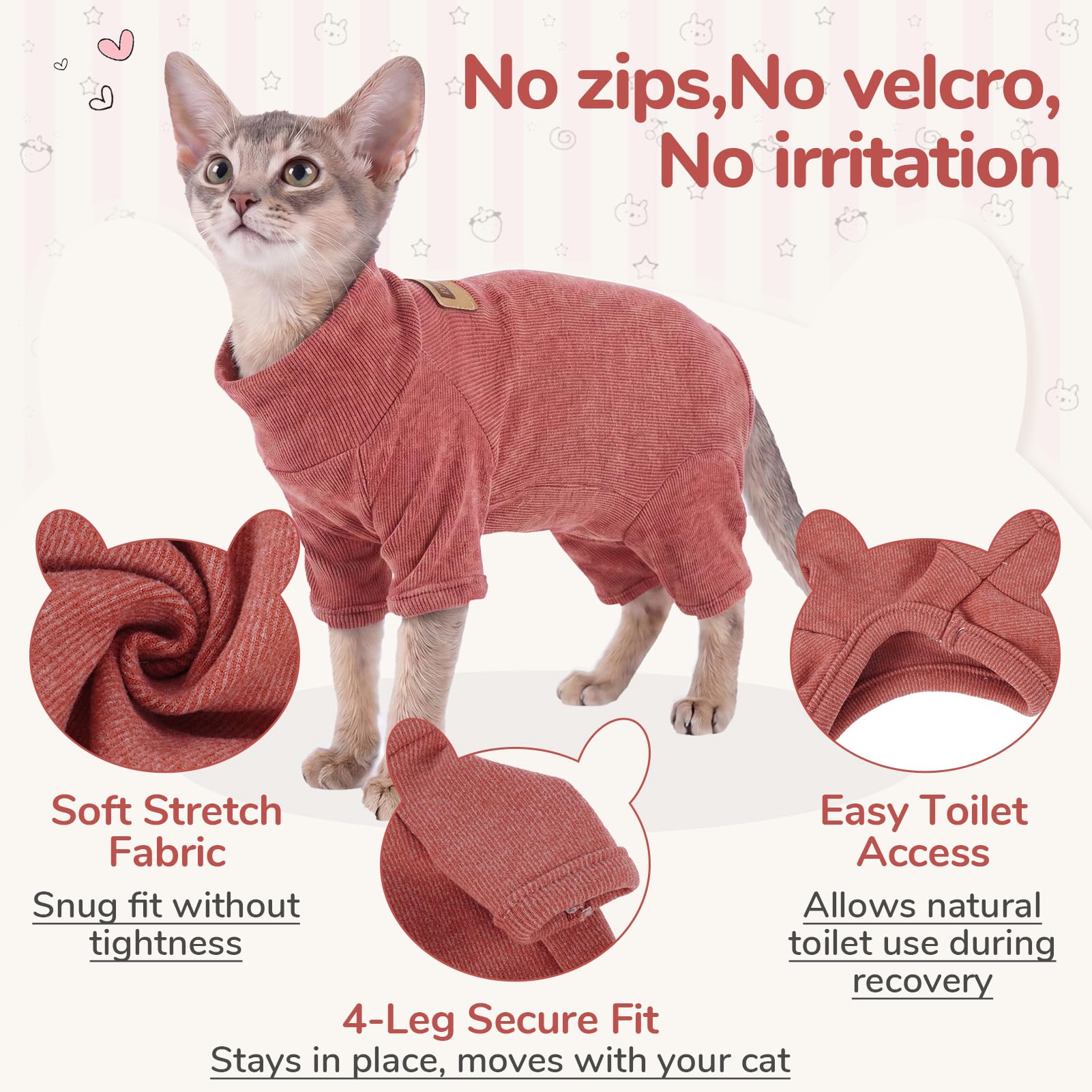 Traje Post operatorio Gato, Body Gato sin Pelo, Ropa recuperación Gato Polar cálida, Body Gato elástico 4 Patas, protección Tras cirugía, Rojo Óxido XXL