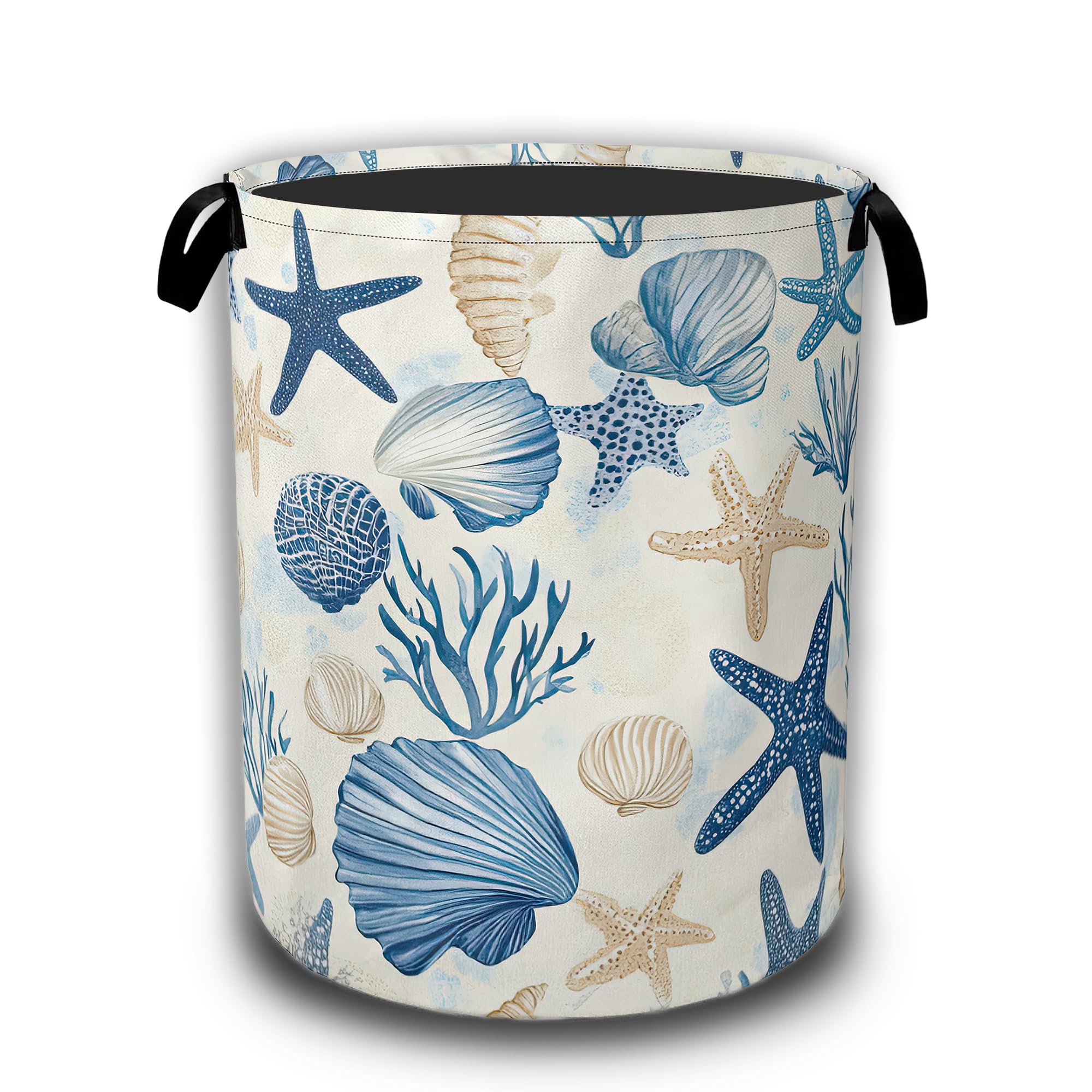 Coastal Beach Laundry Basket,Shell Starfish Coral Laundry Hamper Waterproof Oxford Cloth Tote Collapsible,Clothes Storage Bucket Decorative Toy Organizer For Bathroom Bedroom 16" x 20.8"