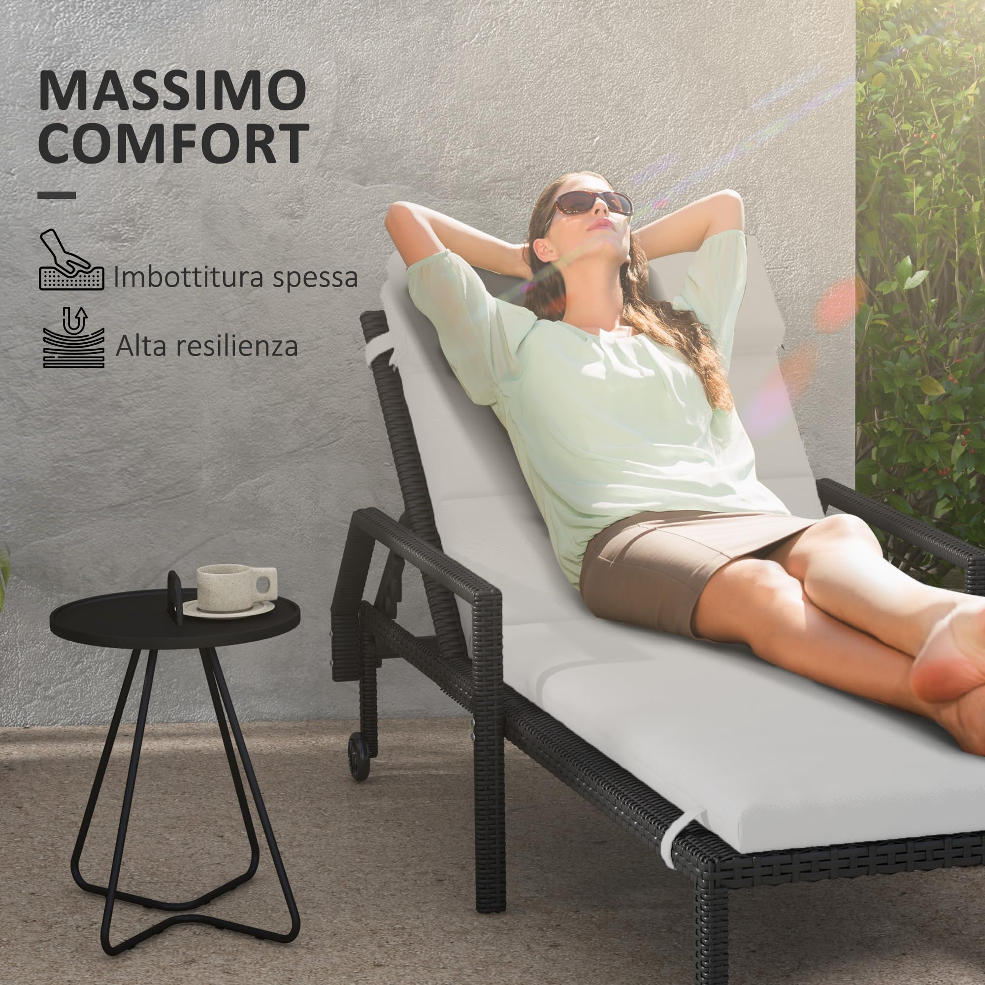 Outsunny Cuscino per Sdraio e Lettino Prendisole, Cuscino Imbottito con Poggiatesta e Lacci in Poliestere Resistente all'Acqua, Grigio Chiaro