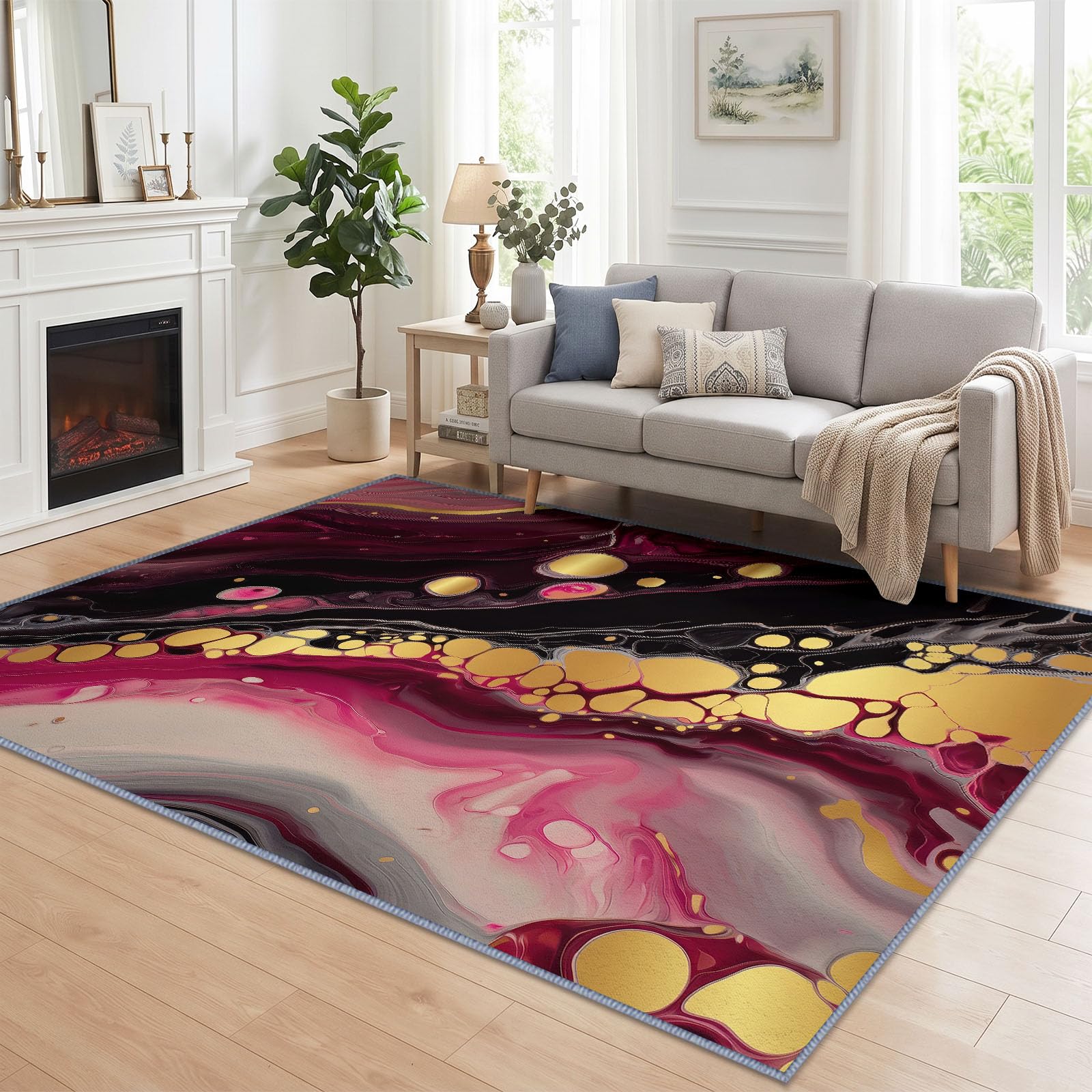 Générique Marbre Bordeaux Or Tapis Salon 140x201 cm, Lavable en Machine | Interieur Poil Ra Antidérapant Tapis, Moderne Abstrait Art pour Chambre Manger Bureau Cuisine