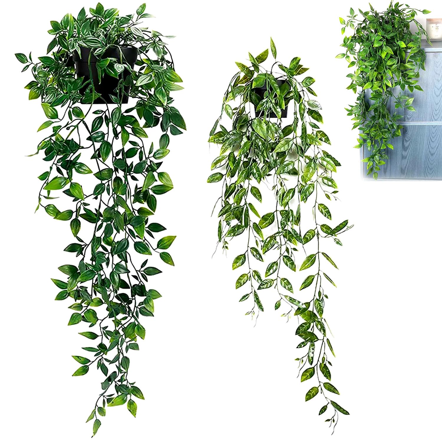 BLLREMIPSUR 2 Pack Hanging Plants - Decorative Fake Plastic Greenery Faux Plants for Home Kitchen Garden Office Wedding Hanging Pot Wall Decoration