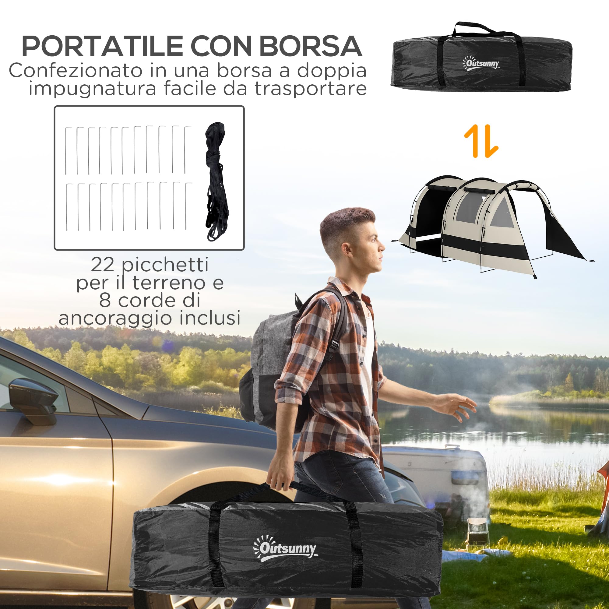 Outsunny Tenda Campeggio per 4-5 Persone con Copertura Impermeabile, Tenda a Tunnel Familiare con Borsa di Trasporto, Kaki