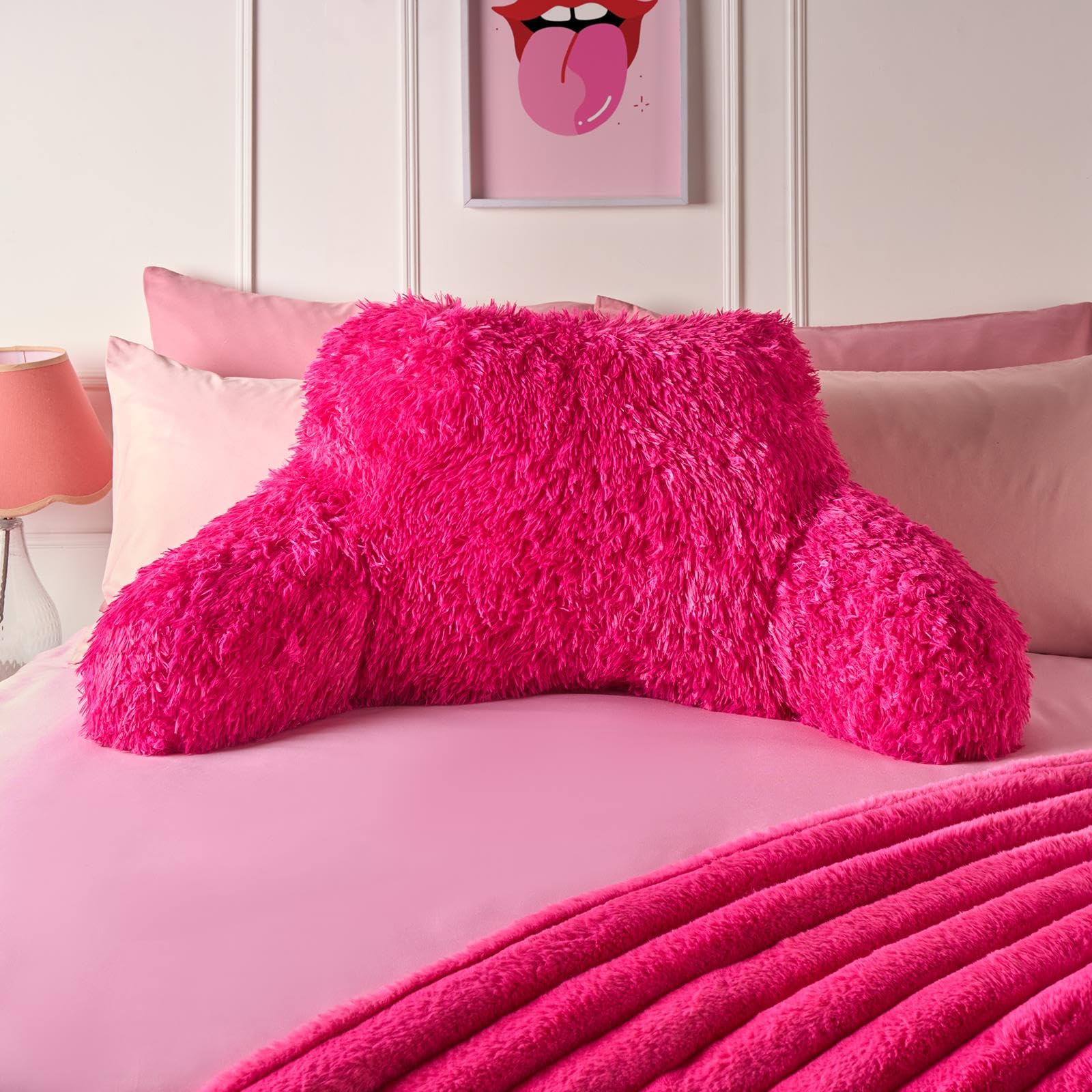 OHS Comfy Reading Pillows Fluffy Hot Pink, Cuddle Cushion for Adults Super Soft Relaxing Long Hair Fleece Gaming Cushion with Arms Backrest Pillow Relaxing, 60 x 45 x 40cm