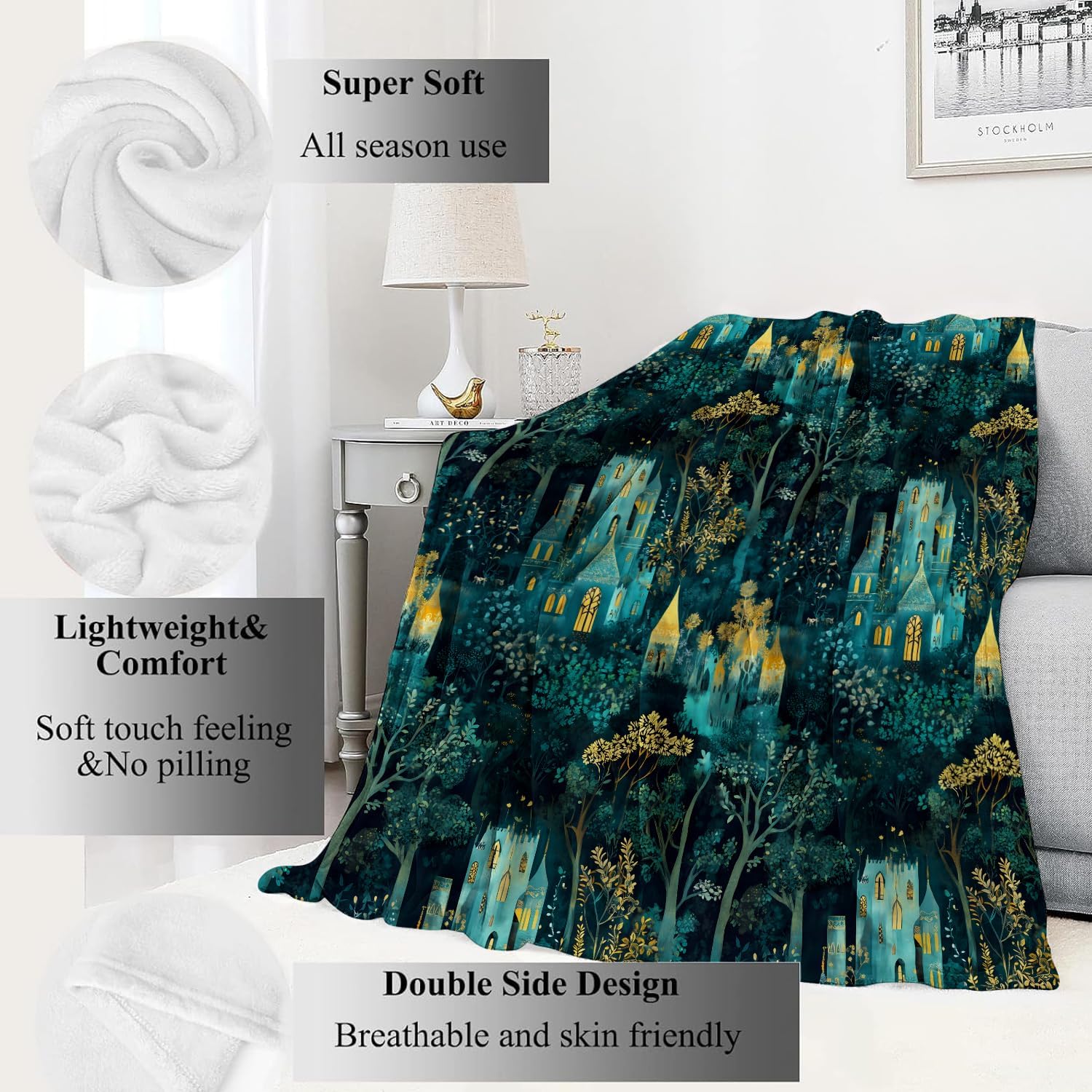 Enchanted Forest Castle Blanket,60x80in,Magical Night Scene Throw Blankets,Birthday Gifts for Kids Adult & Fantasy Lovers, Lightweight Soft Fleece,for Sofa Couch Bed Room Modern Decor