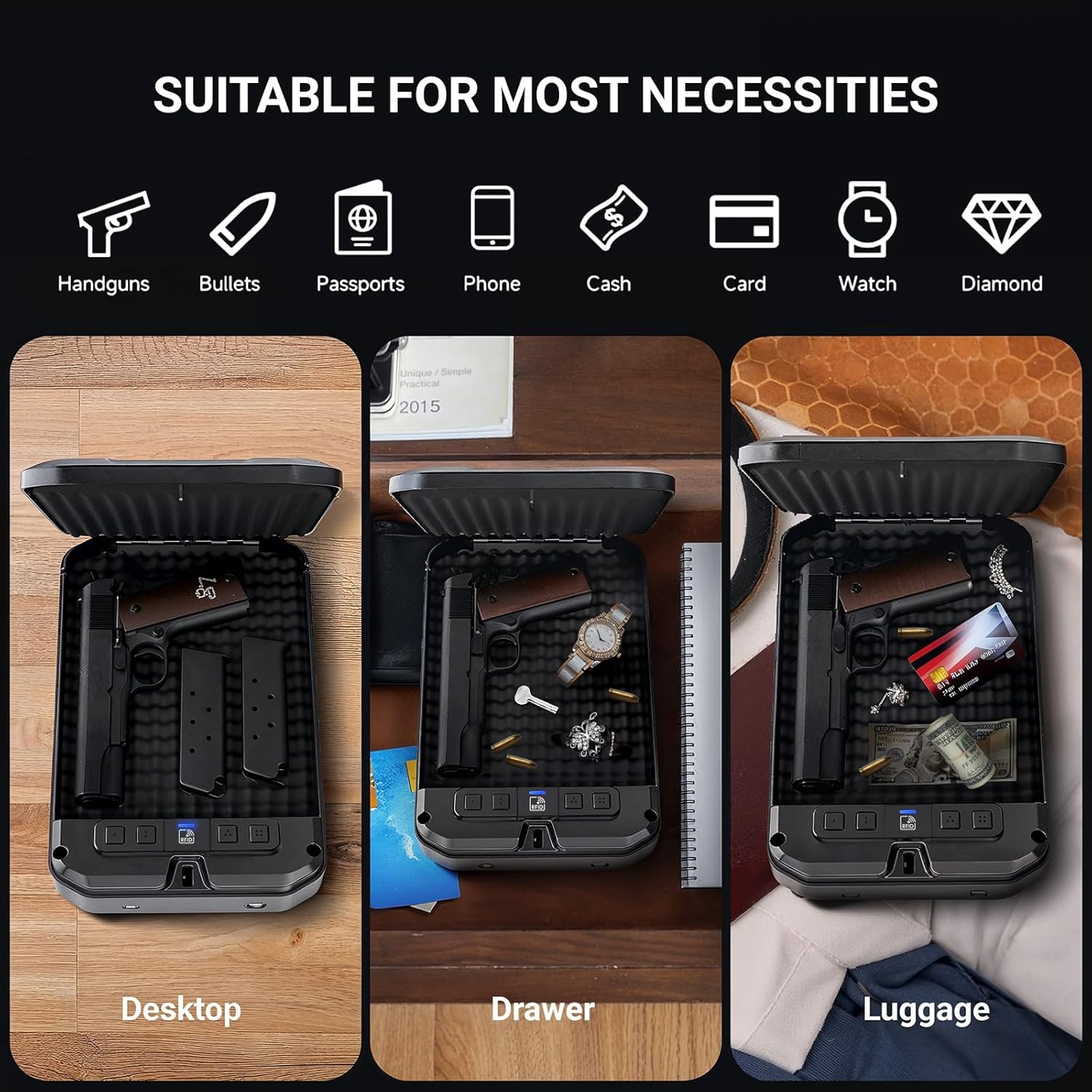 MAXSAFES RFID Gun Safes for Pistols Portable Gun Safe with Built-in LED, Type-C Port Car Gun Safe for Handgun with Keypad, Pistol Safe for Truck, Travel, Nightstand, Drawer