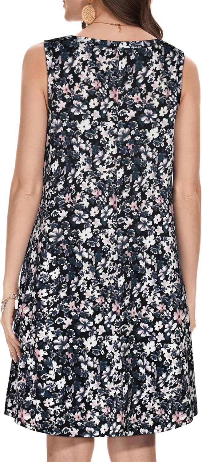 Summer Dresses for Women Beach Boho Sleeveless Vintage Floral Flowy Pocket Tshirt Tank Sundresses - Image 5