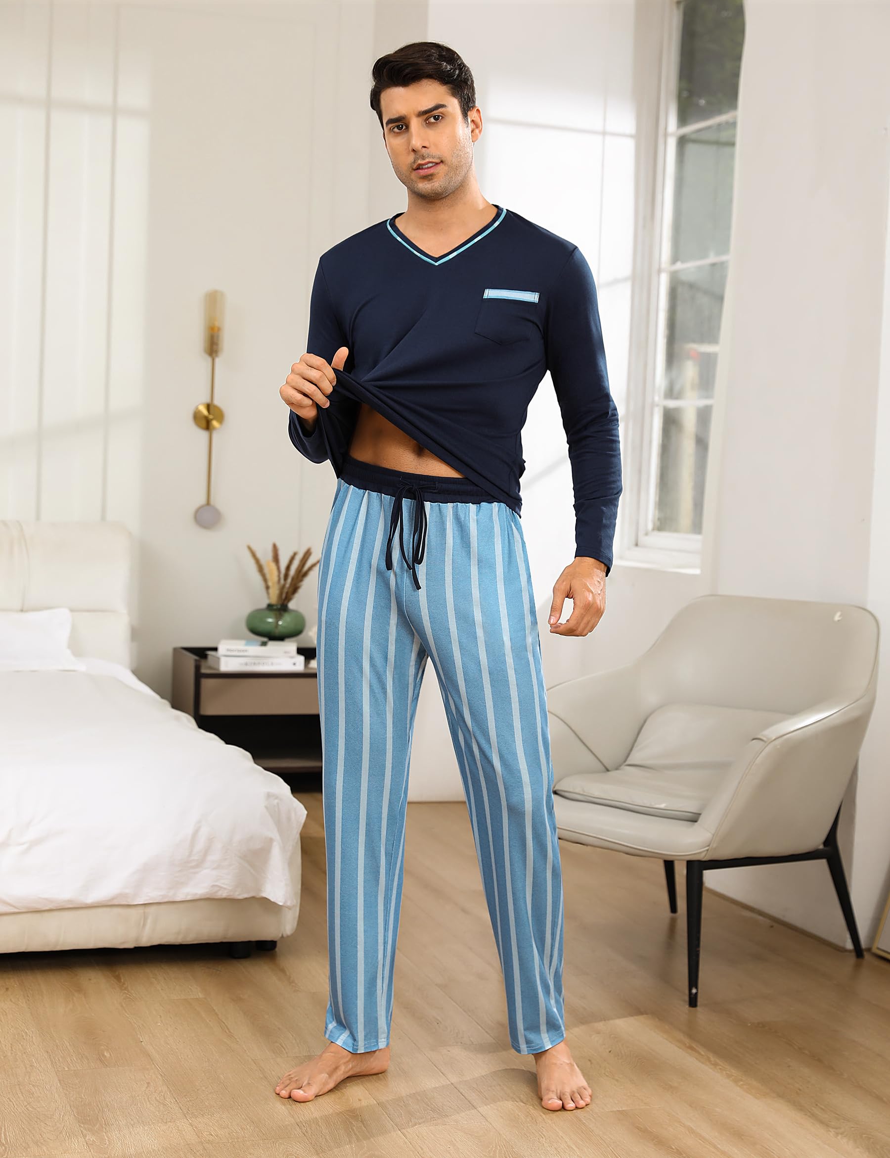 Demegimi Pijama Hombre Invierno Algodón Rayas Pijamas de Manga Larga para Hombres Conjuntos de Pijama de 2 Piezas Ropa de Dormir Cuello en V y Pantalones Largos Suaves