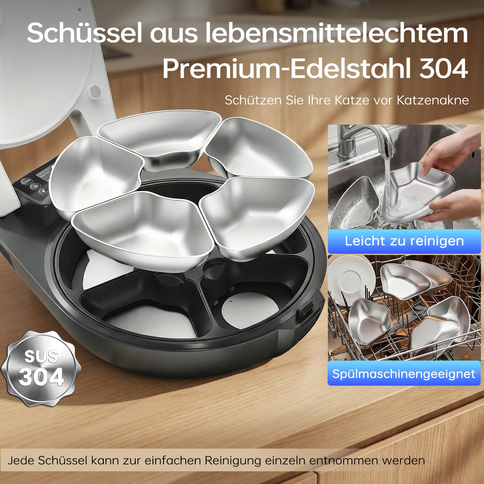 Futterautomat Katze Nassfutter, 3 Tage Frische 5 Mahlzeiten, Mit Halbleiter-Kühlung & Heizung Nassfutterautomat für Katzen, Futterschale aus Edelstahl 304 — Programmierbare Nassfutter Automat Katzen