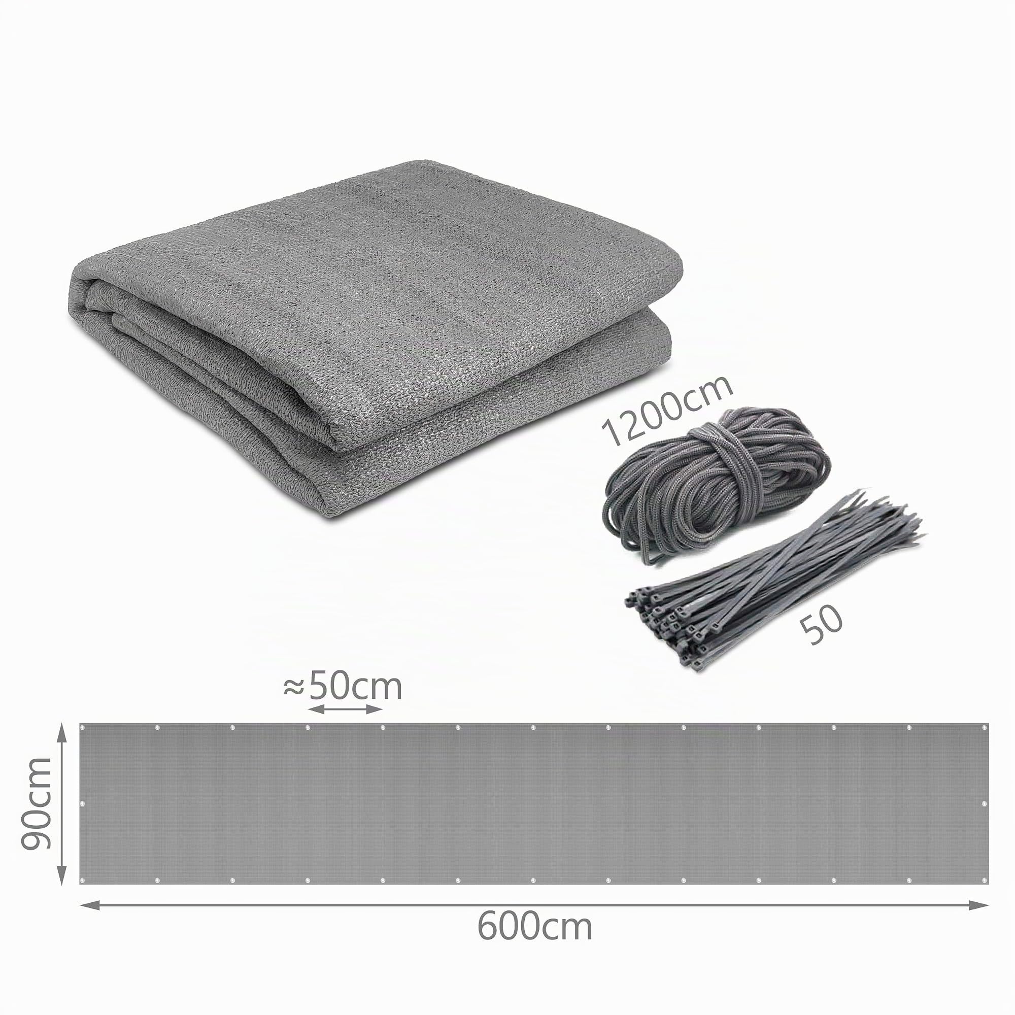 VOUNOT® Pantalla Protección de Privacidad para Balcón Jardín, HDPE, Protección UV, con Cuerda y Bridas, Gris, 600x90cm