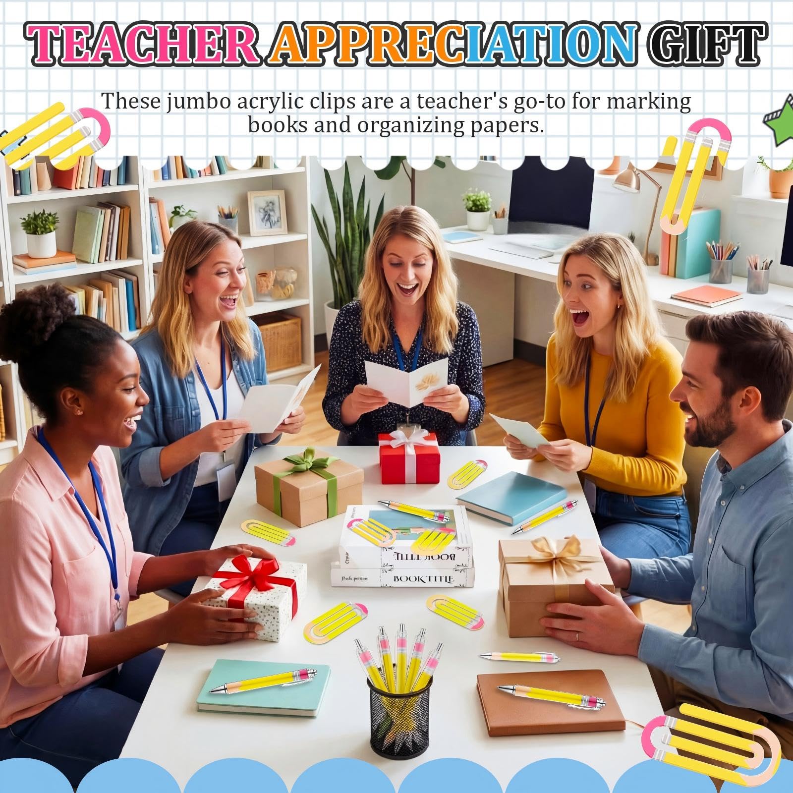 AmazingSpark Jumbo-Acryl-Büroklammern und Kugelschreiber für Lehrer, niedliche Büroklammern, Lesezeichen, Großpackung für den Schulanfang, Bürobedarf für Kollegen, 36 Sets