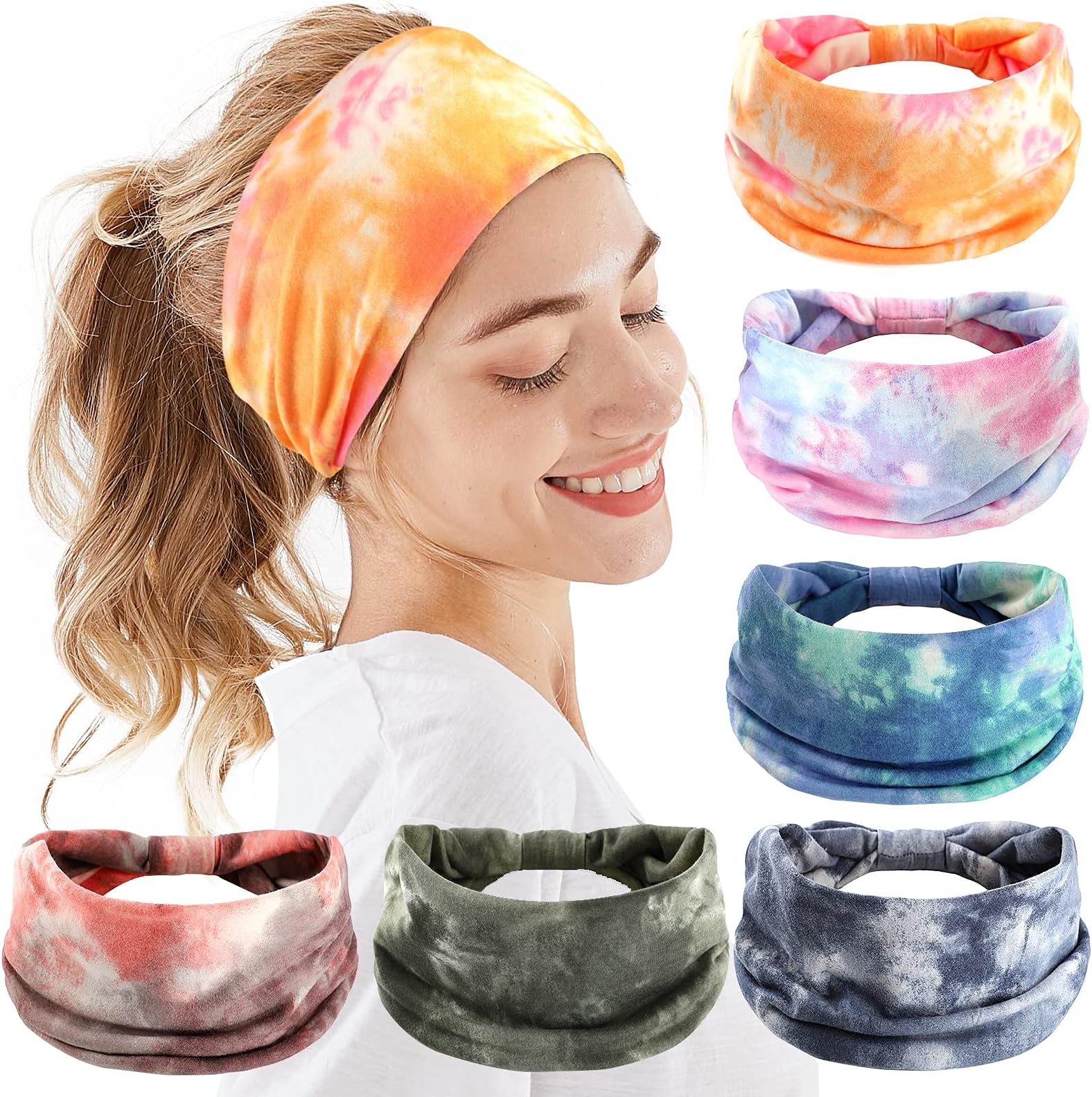 (6 Color(Orange+Pink+Blue+Grey+Green+Brown)) - Headbands For Women, 6 PCS Yoga Running Sports Headbands Tie Dye Boho Pattern Elastic Non Slip Sweat Headbands Workout Hair Fashion Bands for Girls