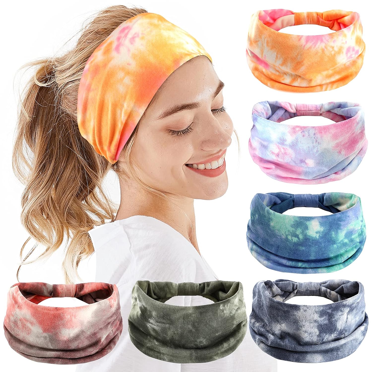 OFFTESTY Headbands For Women, 6 PCS Yoga Running Sports Headbands Tie Dye Boho Pattern Elastic Non Slip Sweat Headbands Workout Hair Fashion Bands for Girls