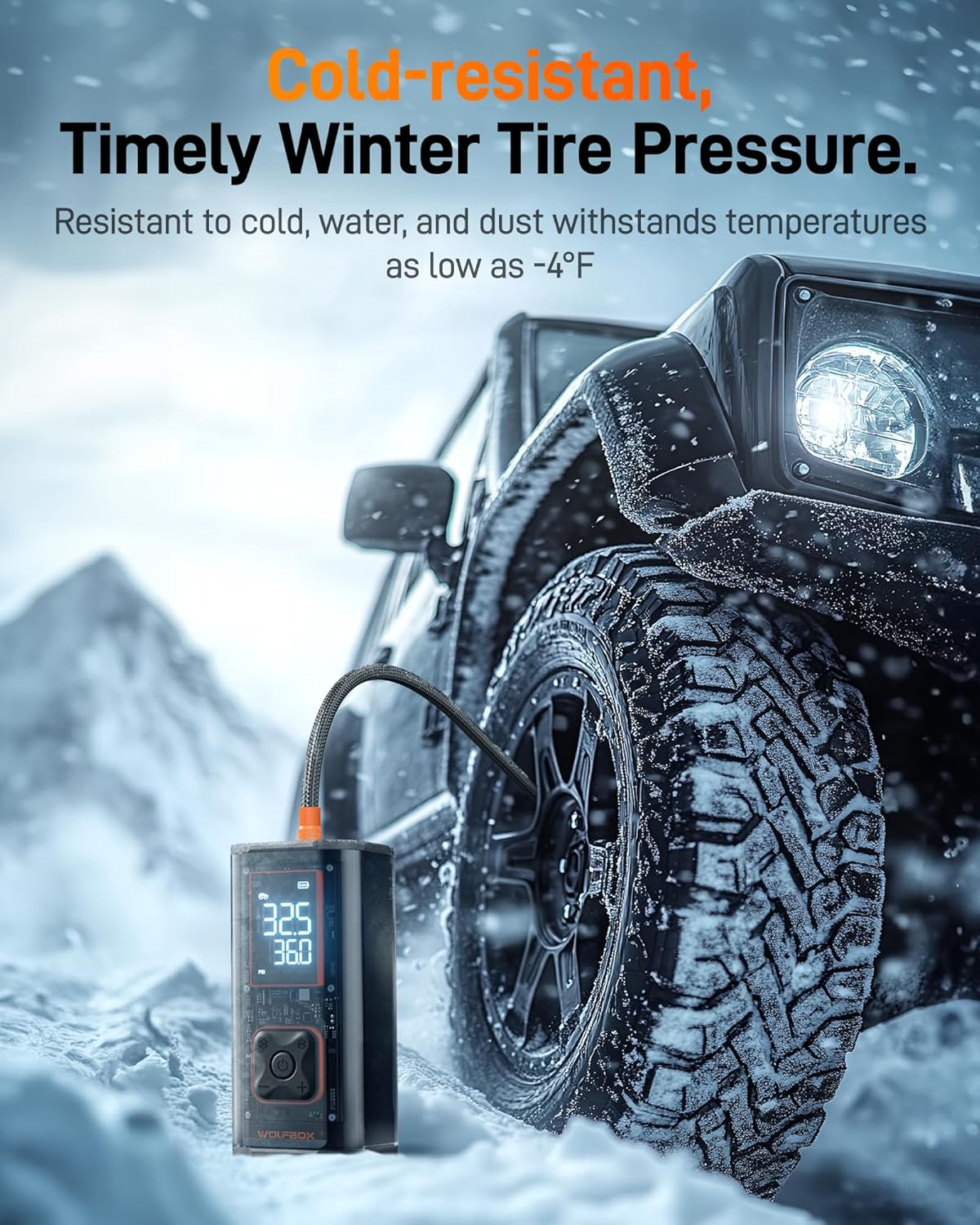 WOLFBOX 150PSI Heavy Duty Tire Inflator Portable Air Compressor,Double- cylinder 45LPM Fast Air Pump for Car Tires,3.5'' LED Display,20'' Hose,Air Compressor for Car,Pickup Truck,Bike - Image 9