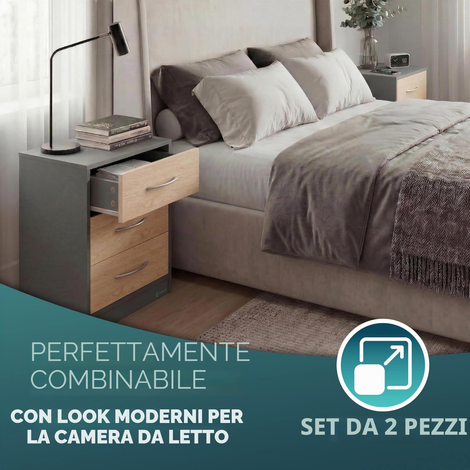 Casaria® Comodino Set da 2 54x39x28cm in Legno 3 Cassetti Camera Letto Tavolino da Notte Comodini Antracite