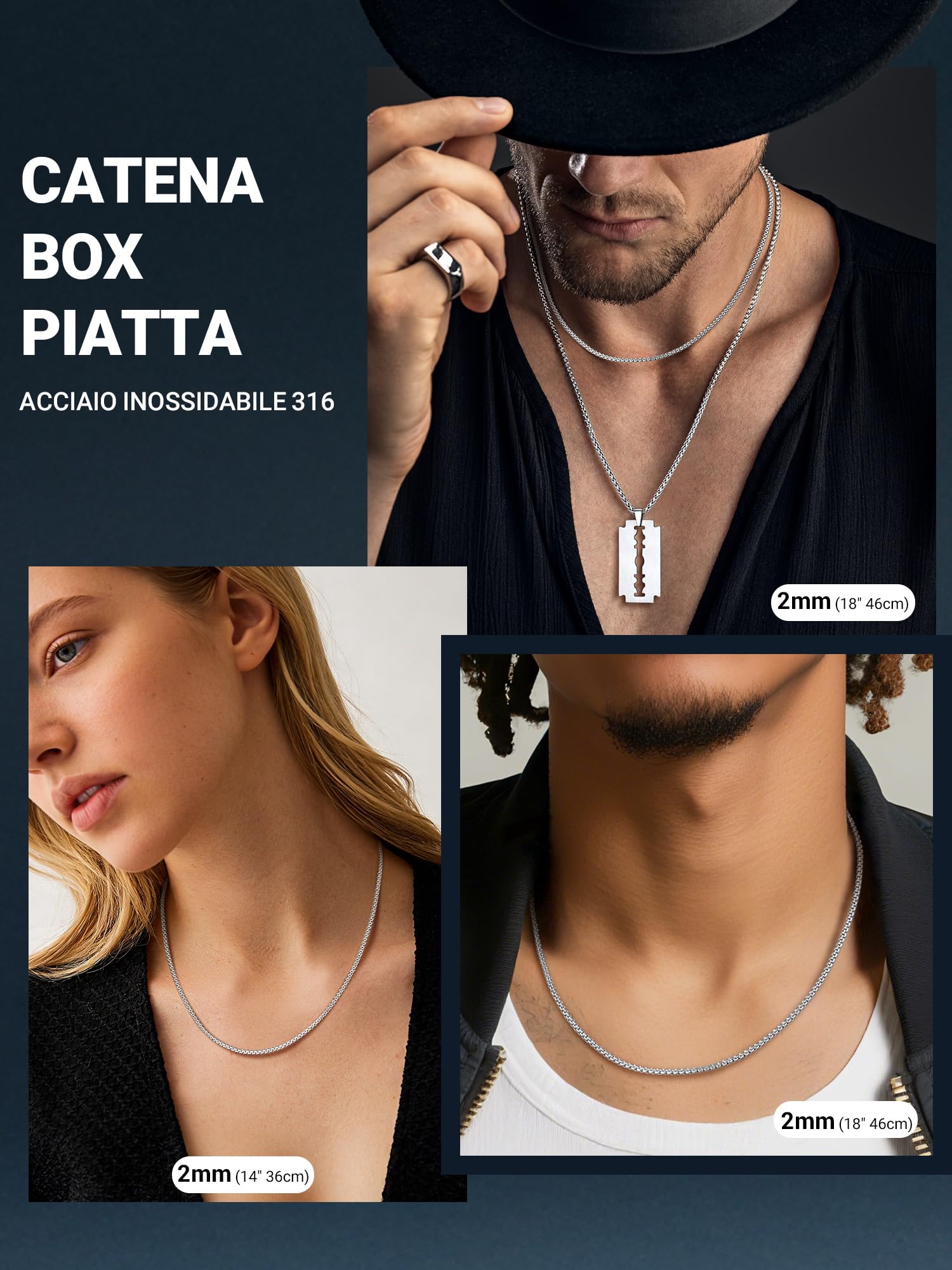 PROSTEEL Uomo Collana Catena Scatola Piatta Grande Robusta Sottile, Larghezza 4 mm 6 mm, Acciaio inossidabile/Placcato Oro 18K, Stile Hip Hop Punk, Argento Nero Oro, Regalo Perfettto (con Confezione)