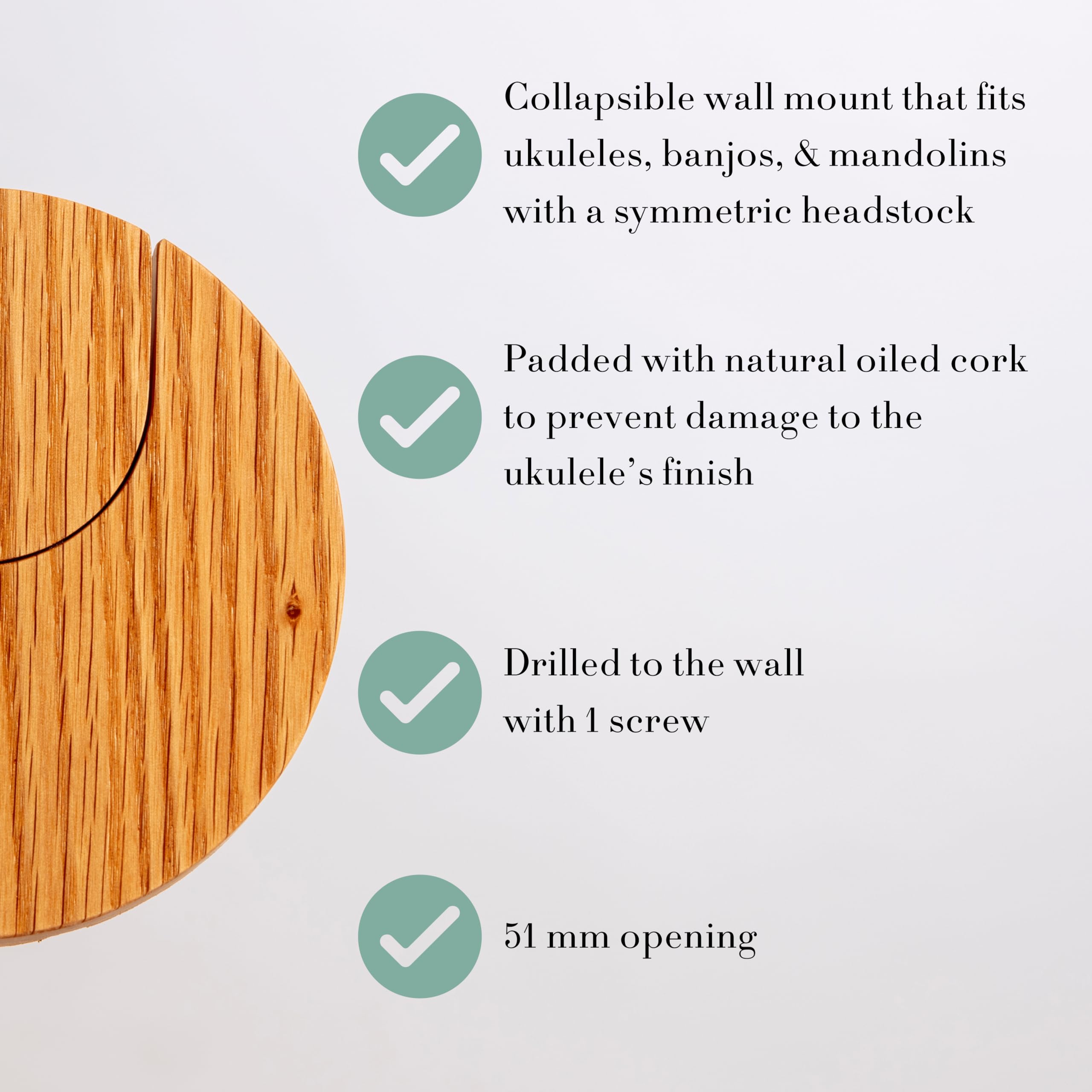 World's Only – Zusammenklappbarer Ukulelen-Wandhalter und Ukulelen-Wandhalterung – patentiert – dänisches Design – platzsparend – Holz – Eichenfarbe – kratzfest – preisgekrönt