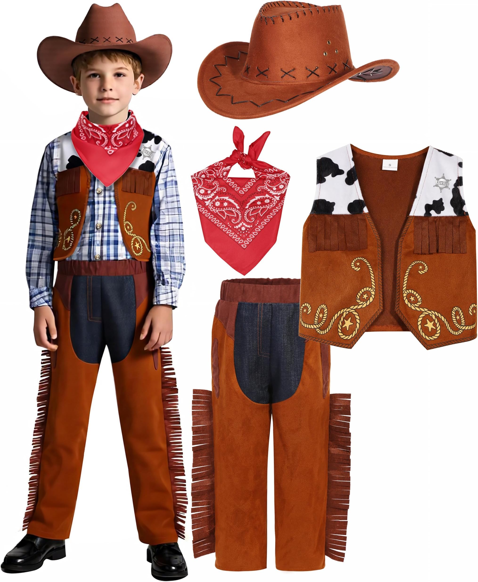 Kids Cowboy Costume for Boys Rodeo Cowboy Set Halloween Birthday Party Dress Up Cosplay Brown