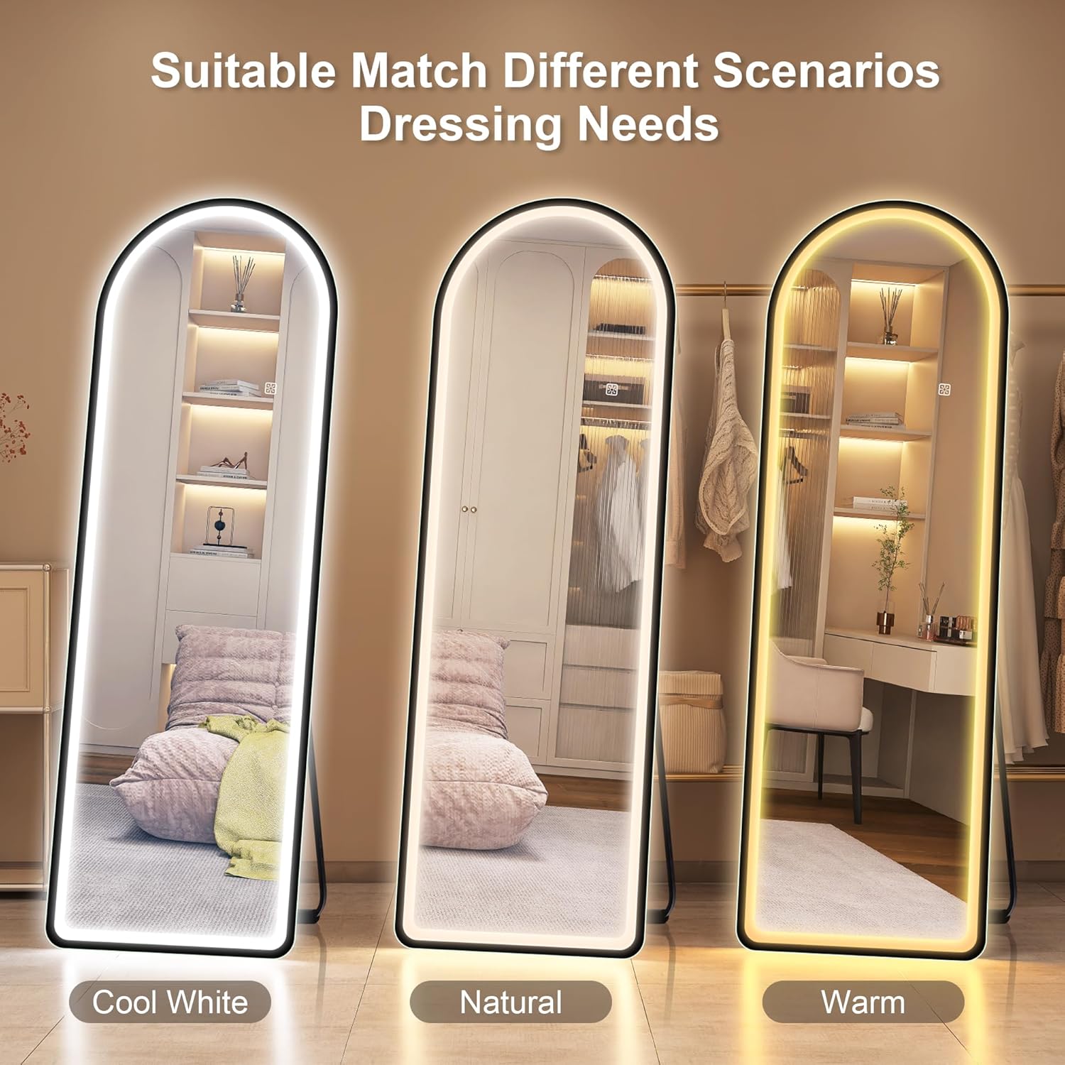 Three STARLEAD D3303 LED Full-Length Mirrors displaying Cool White, Natural, and Warm light settings in different room scenarios.