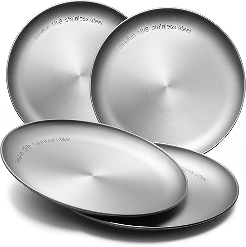 Miniatura 9 de Platos redondos de acero inoxidable 188 de metal  Juego de 4 platos de ensalada de 9 pulgadas aptos para lavavajillas de grado alimenticio para