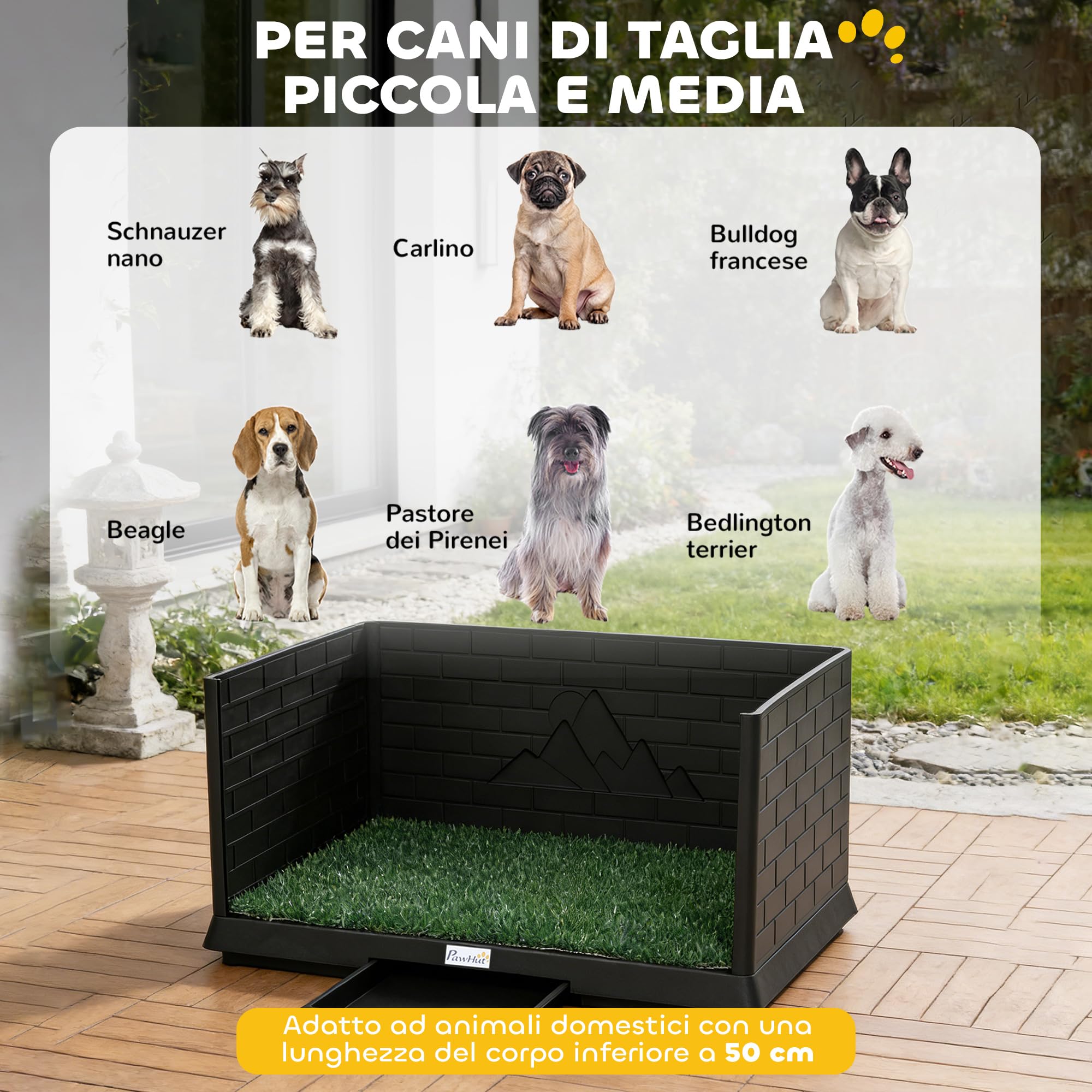 PawHut Lettiera per Cani con Prato Sintetico e Pareti Alte, Toilette per Cani con Vassoio Estraibile per Addestramento Cuccioli, per Interno ed Esterno, 75x51x36.5 cm