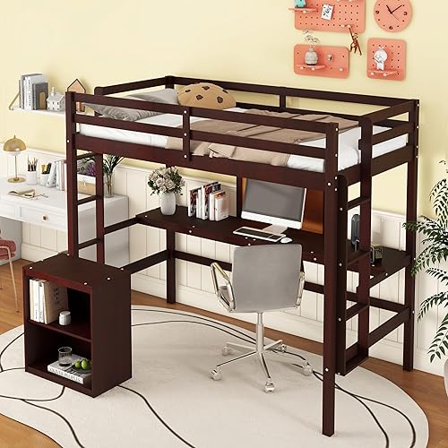 Bellemave Cama tipo loft de tamaño individual con escritorio y tabla de escribir, marco de cama individual tipo loft de madera maciza con armario de
