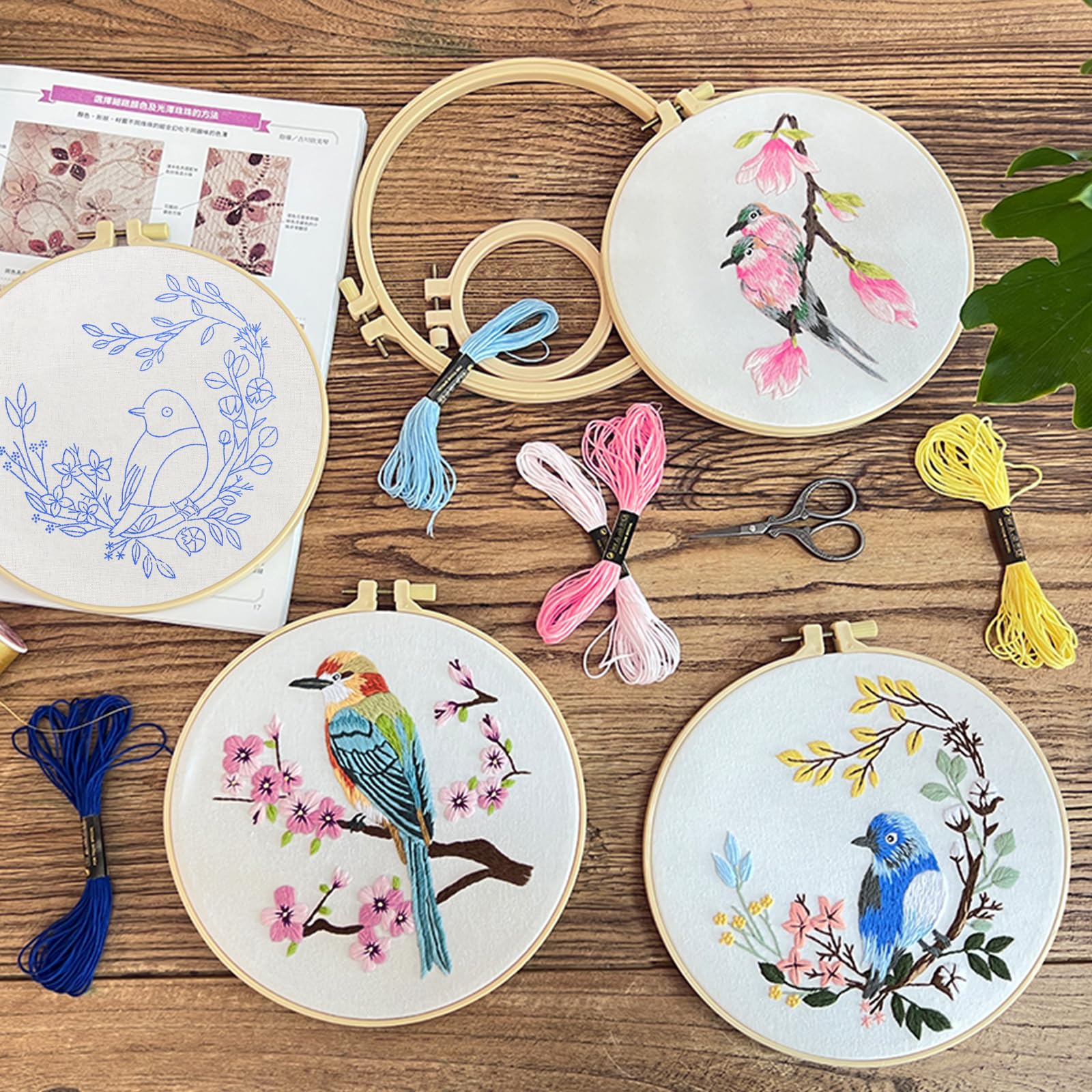 Dremisland Kit de Démarrage de Broderie pour Adultes 4 Pièces Champignon Point de Croix Broderie Starter kit Plantes Fleurs Embroidery Starter Kit avec Instructions Cadres de Broderie Fils Ciseaux