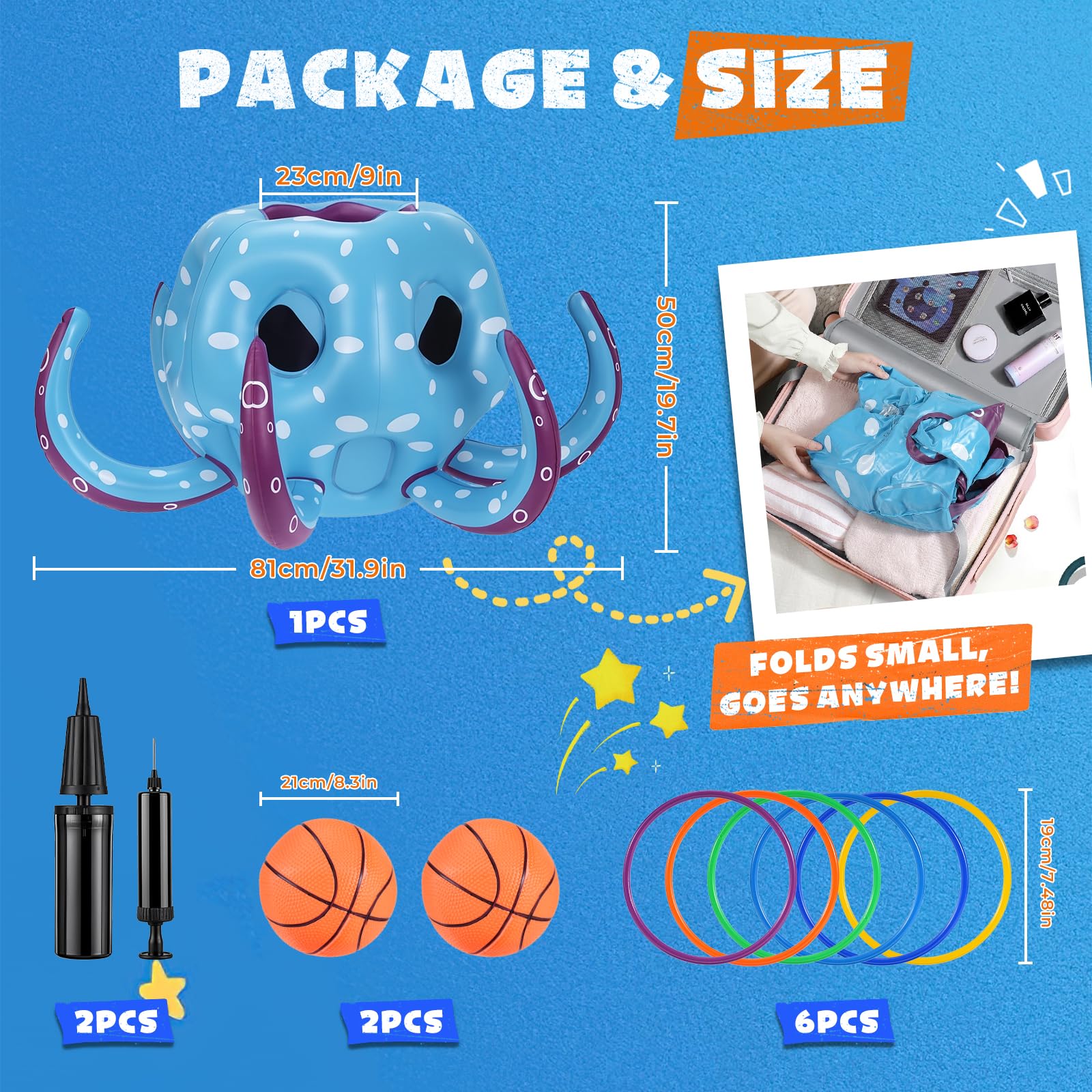 Juego de Piscina Hinchable Pulpo Niños, 2-en-1 Canasta de Baloncesto & Lanzamiento de Anillas, Juego Acuático Verano Playa, Regalo Cumpleaños para Niños Adultos Familia