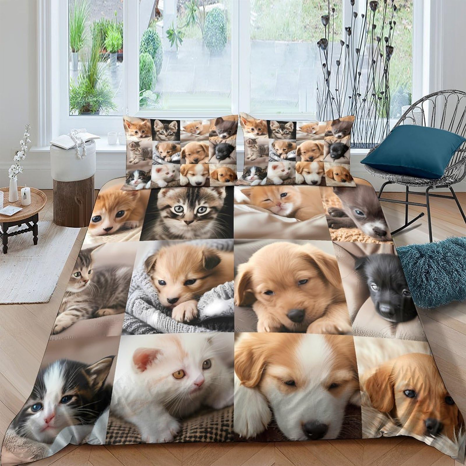 GPLZQXKJNH 3D Printed Cute Puppy Kitten Duvet Cover Set Microfiber Soft Breathable Quilt Cover with 2 Pillowcases for Bedroom, Single（135x200cm）