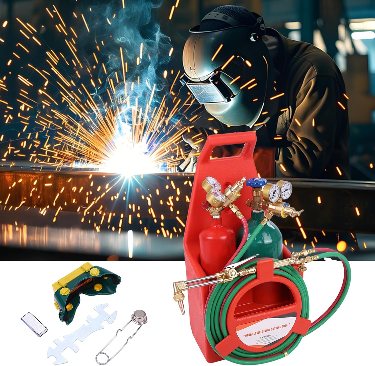 US Fast Arrival Professional Brazing Torch kit, Long Pipe Brass Nozzle Oxyacetylene Torch Kit, Portable Brass Nozzle Welding Cutting Set, Soldering Equipment with Gauge & Oxygen Acetylene Tank Red
