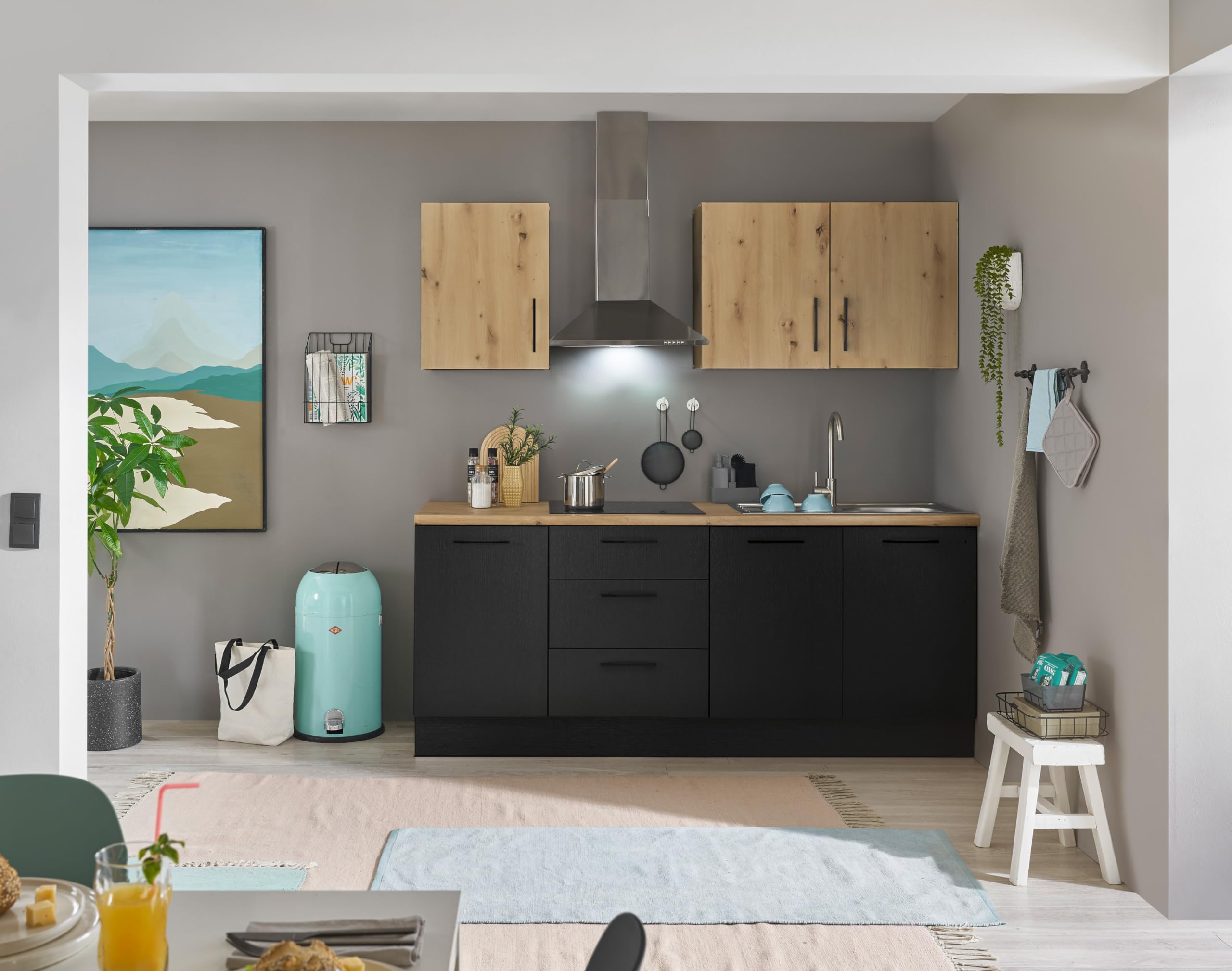 Stella Trading Turin ZB Küchenzeile 210 x 211 x 60 cm, schwarz - Ohne Küchengeräte - Moderne, geräumige Küche in Artisan-Eiche Optik mit viel Stauraum