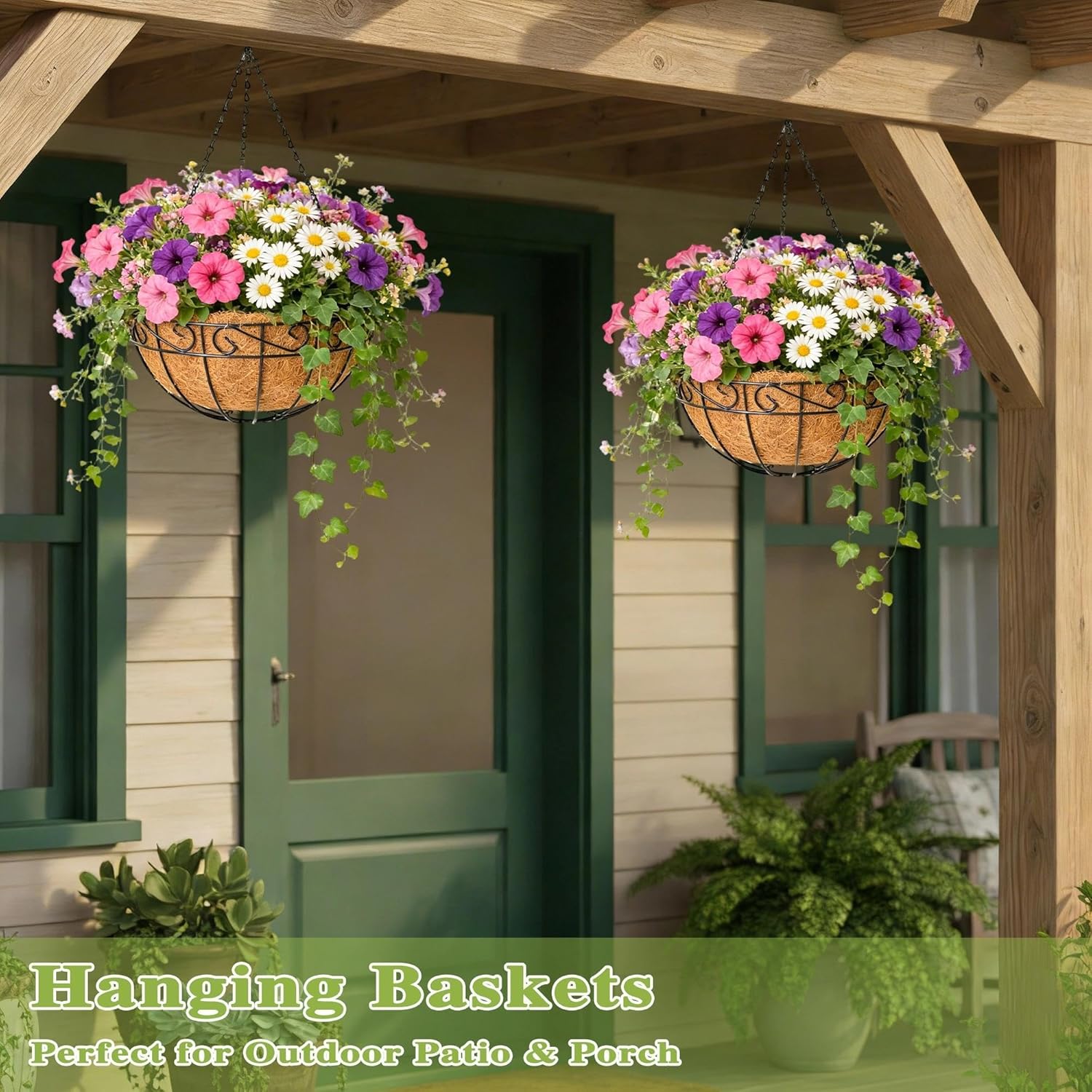 4 Pack 12 Inch Hanging Baskets for Plants Outdoor Metal Hanging Planter Hanging Flower Baskets with Coco Fiber Liners Chain Round Wire Plant Holder Flower Pots(Plaid)