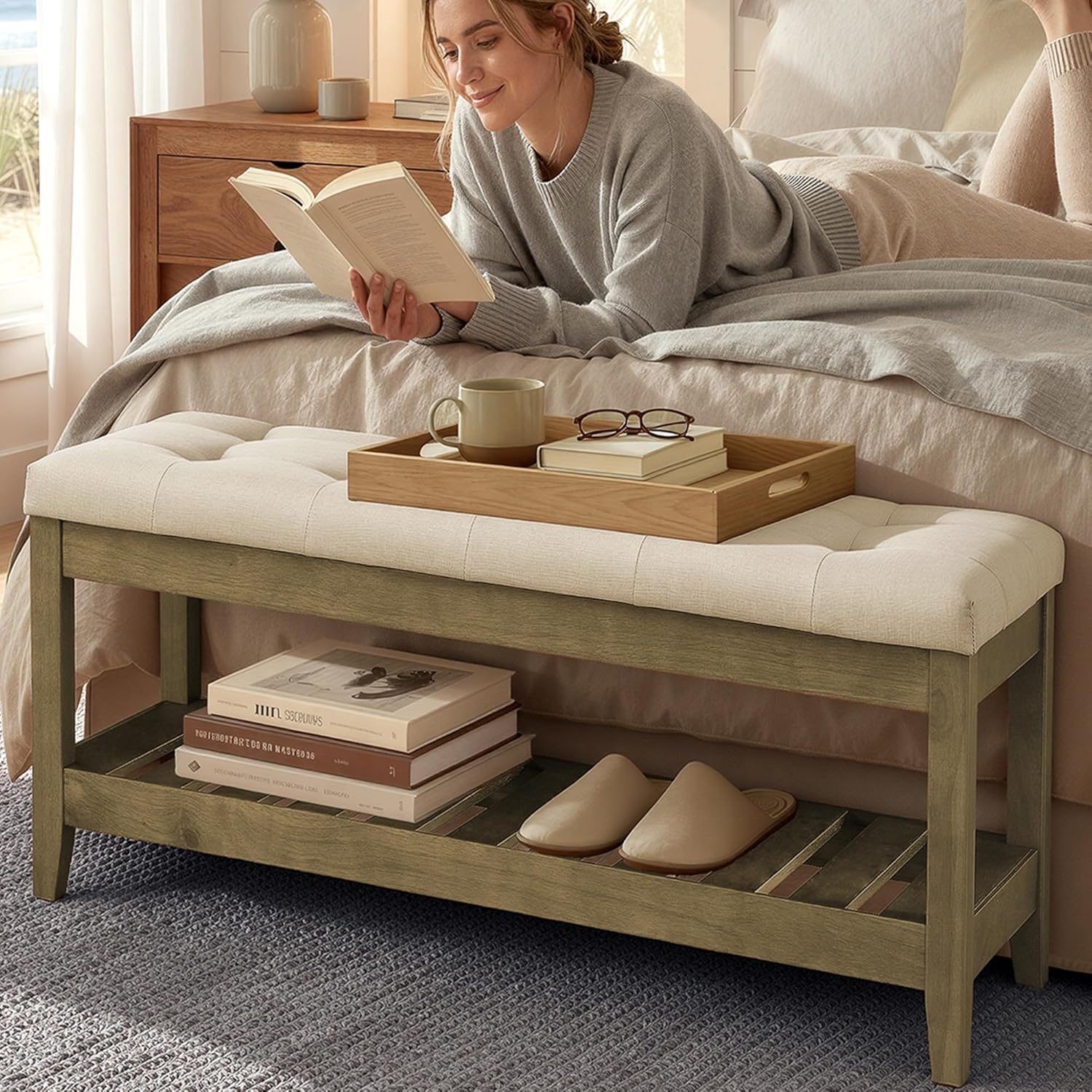 SONGMICS Storage Ottoman, Storage Chest Bench with Legs, End of Bed Bench with Safety Hinges, Pull Tab, for Living Room, Bedroom, 19.7 x 47.6 x 16.5 Inches, Synthetic Leather, Coffee Brown ULOM521KQ01