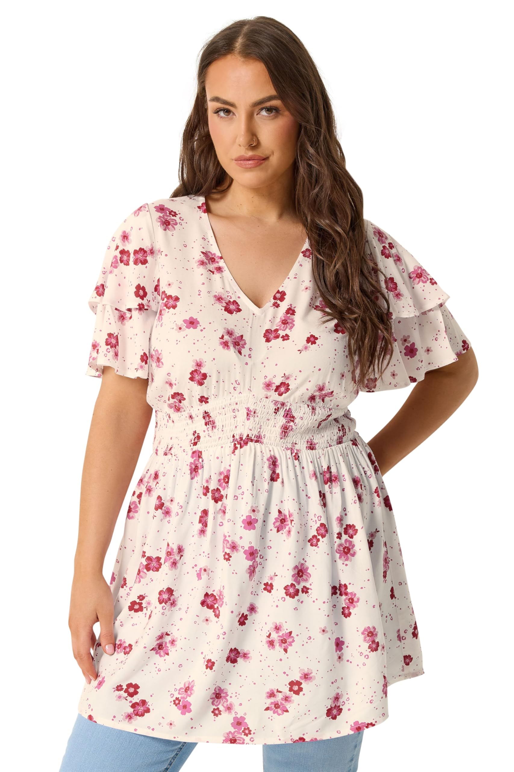 Yours Women's White Floral Flutter Sleeve Top In | Size: 20